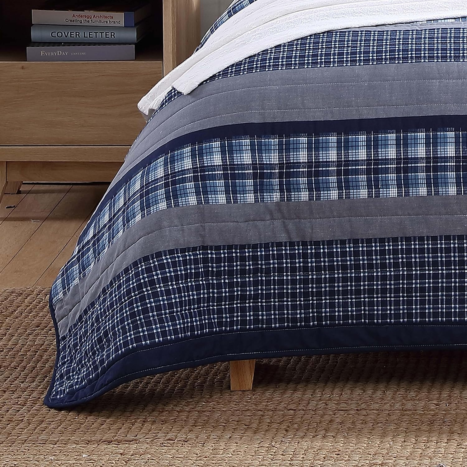 image:imageNautica Queen Quilt Set Reversible Bedding with Matching Shams Plaid and Stripe Room Decor Lightweight Bed Set College Dorm Room Essentials Addison Blue