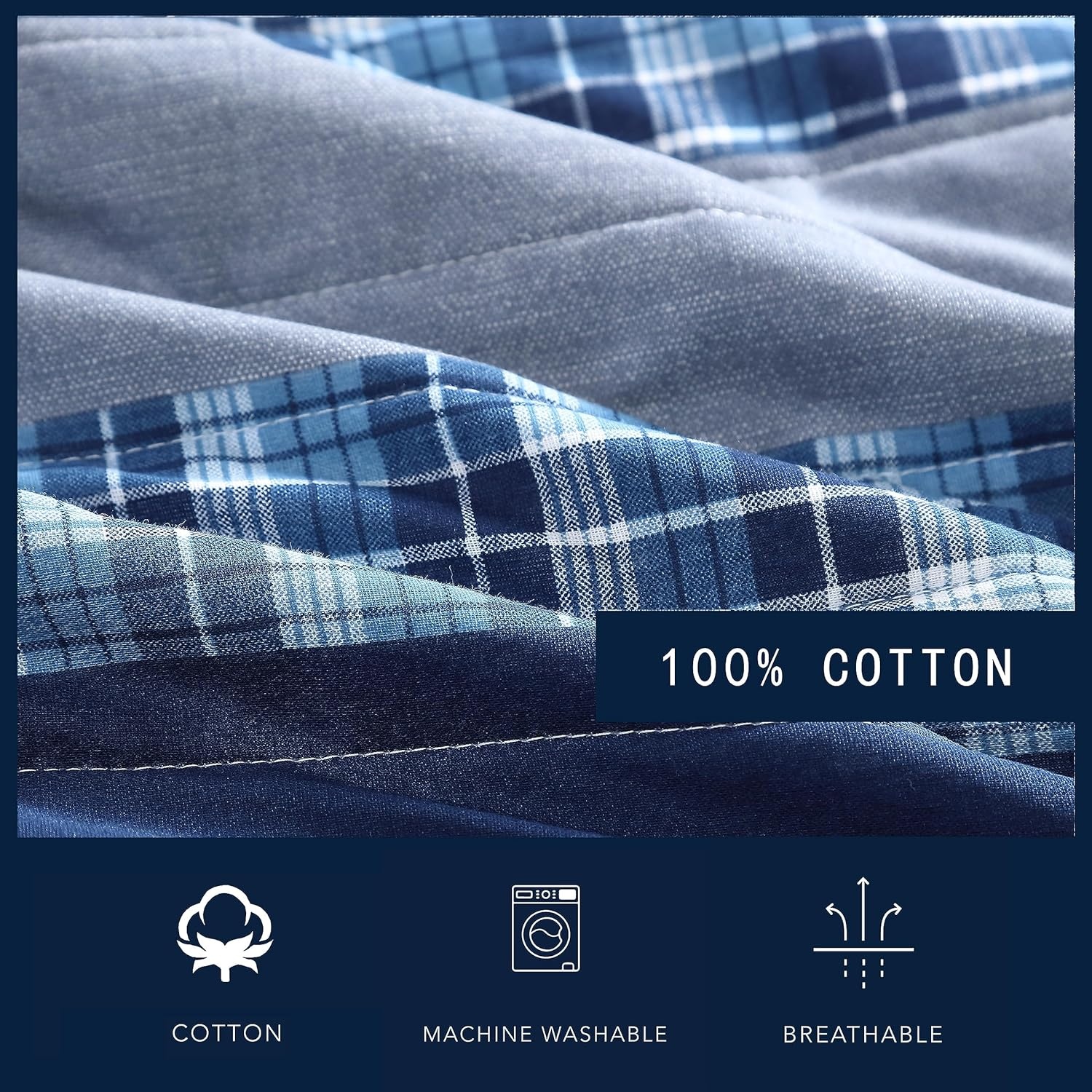 image:imageNautica Queen Quilt Set Reversible Bedding with Matching Shams Plaid and Stripe Room Decor Lightweight Bed Set College Dorm Room Essentials Addison Blue