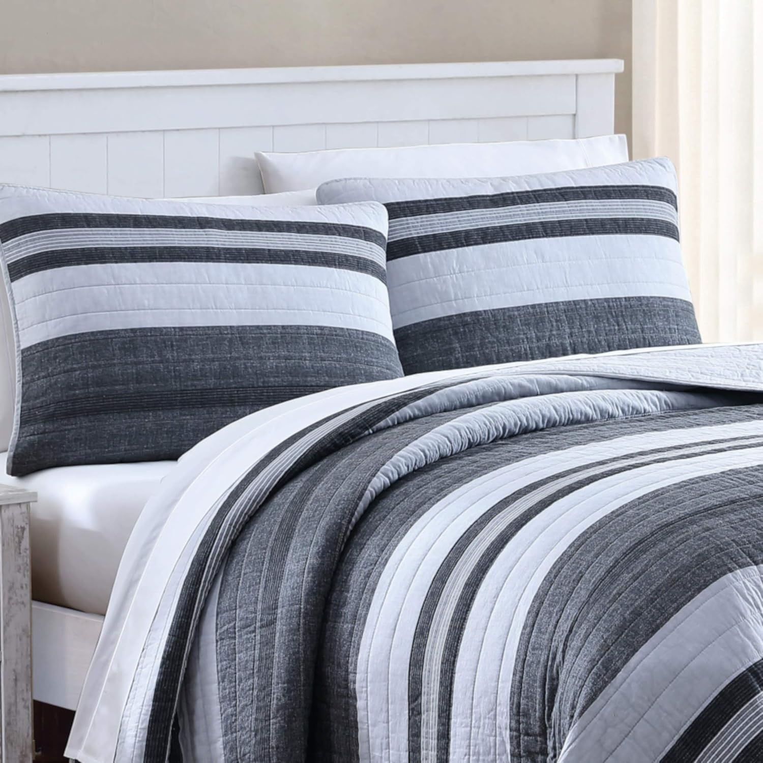 image:imageNautica Queen Quilt Set Reversible Bedding with Matching Shams Stripe Room Decor Lightweight Bed Set College Dorm Room Essentials Ardmoore GreyKing
