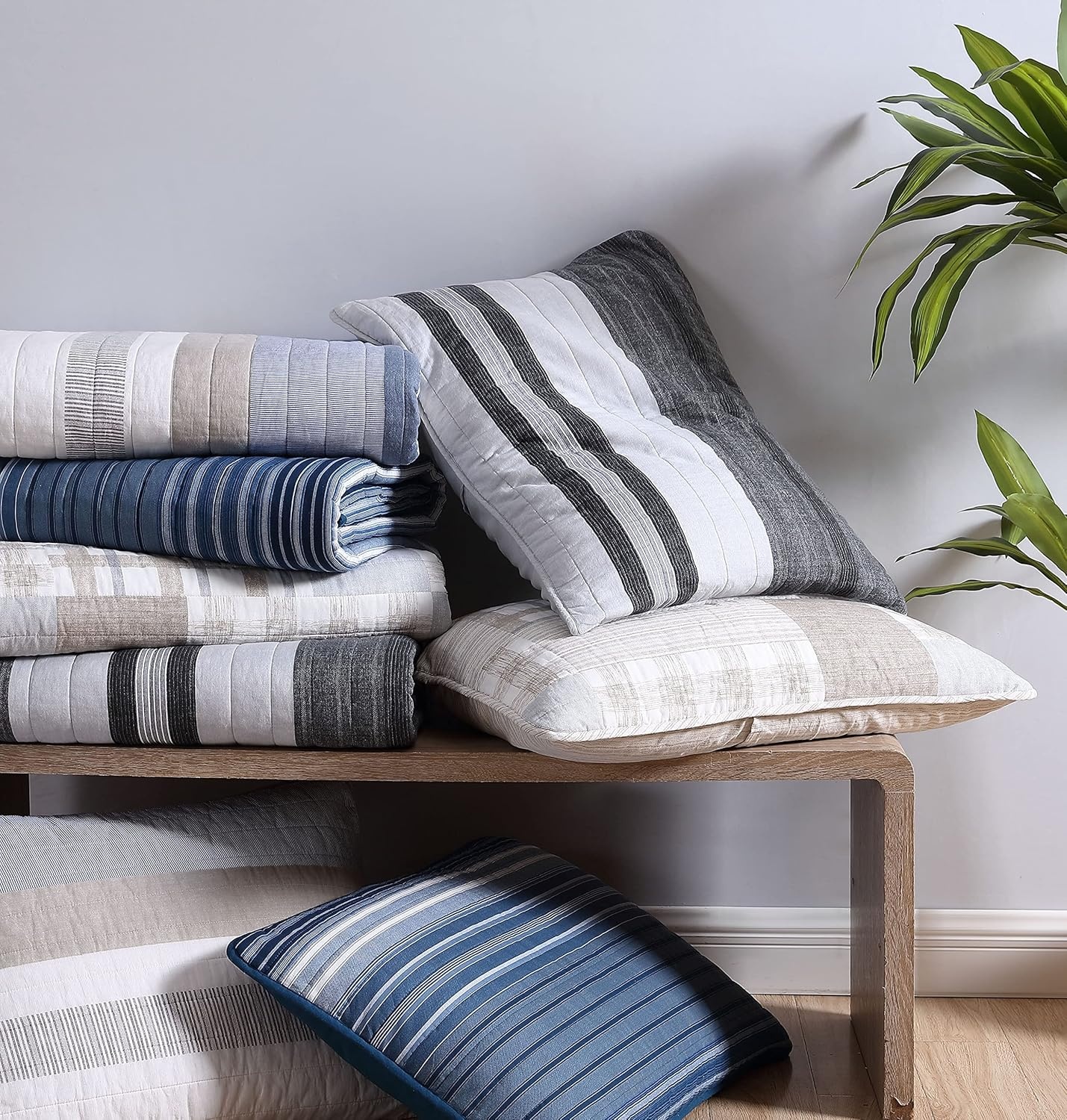 image:imageNautica Queen Quilt Set Reversible Bedding with Matching Shams Stripe Room Decor Lightweight Bed Set College Dorm Room Essentials Coveside BlueDark BlueMedium Blue