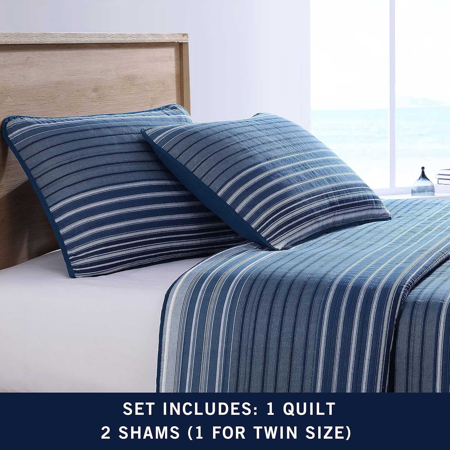 image:imageNautica Queen Quilt Set Reversible Bedding with Matching Shams Stripe Room Decor Lightweight Bed Set College Dorm Room Essentials Coveside BlueDark BlueMedium Blue