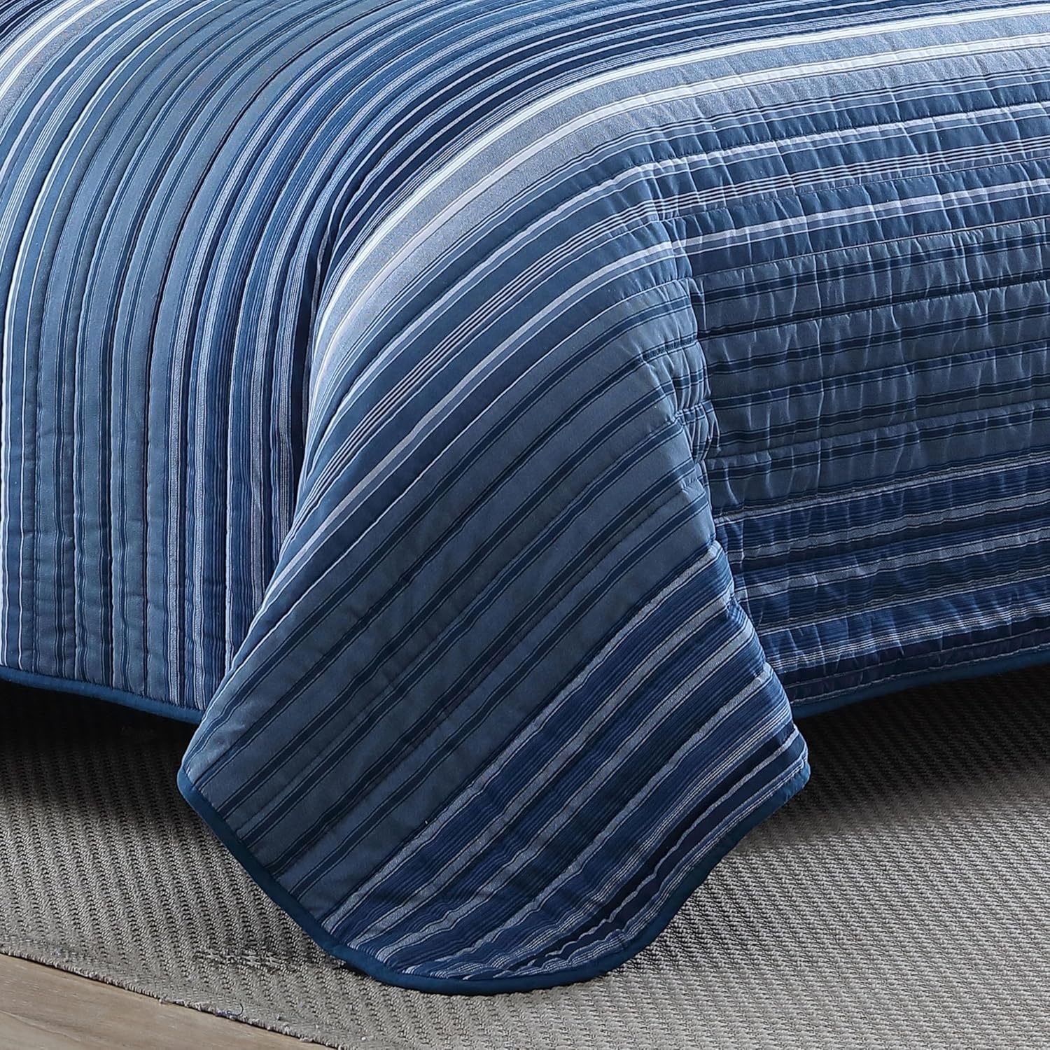 image:imageNautica Queen Quilt Set Reversible Bedding with Matching Shams Stripe Room Decor Lightweight Bed Set College Dorm Room Essentials Coveside BlueDark BlueMedium Blue