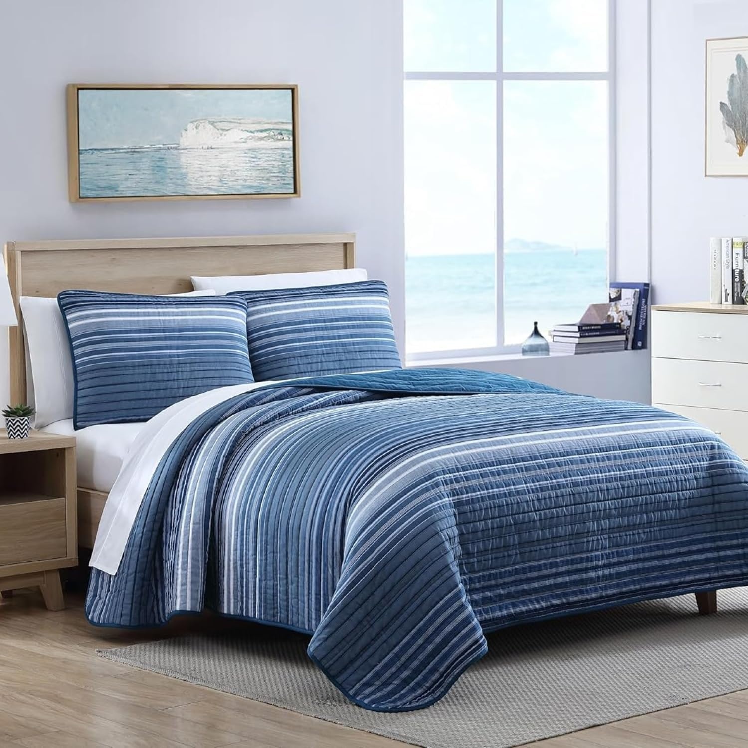 image:imageNautica Queen Quilt Set Reversible Bedding with Matching Shams Stripe Room Decor Lightweight Bed Set College Dorm Room Essentials Coveside BlueDark BlueMedium Blue