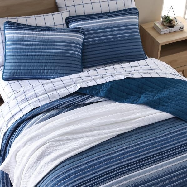 image:imageNautica Queen Quilt Set Reversible Bedding with Matching Shams Stripe Room Decor Lightweight Bed Set College Dorm Room Essentials Coveside BlueDark BlueMedium Blue