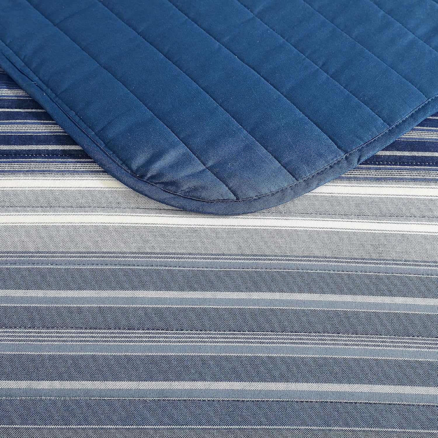 image:imageNautica Queen Quilt Set Reversible Bedding with Matching Shams Stripe Room Decor Lightweight Bed Set College Dorm Room Essentials Coveside BlueDark BlueMedium Blue