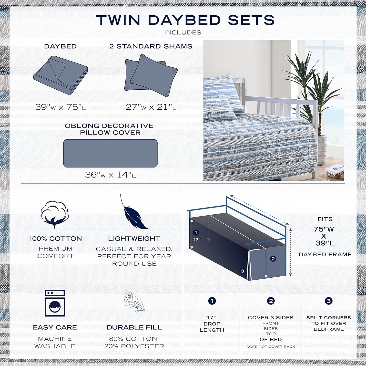 image:imageNautica Queen Quilt Set Reversible Bedding with Matching Shams Stripe Room Decor Lightweight Bed Set College Dorm Room Essentials Coveside BlueDark BlueMedium Blue