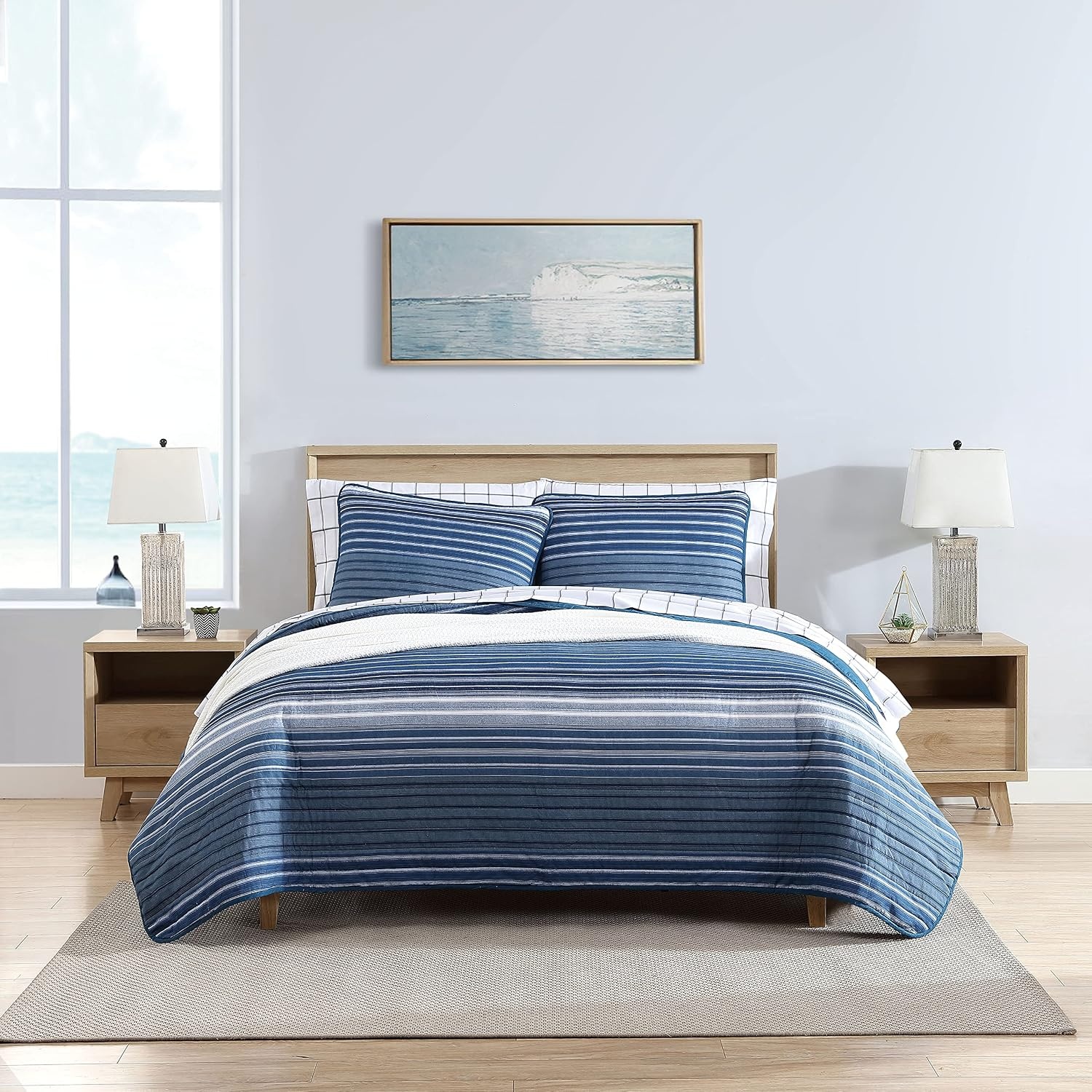 image:imageNautica Queen Quilt Set Reversible Bedding with Matching Shams Stripe Room Decor Lightweight Bed Set College Dorm Room Essentials Coveside BlueDark BlueMedium Blue