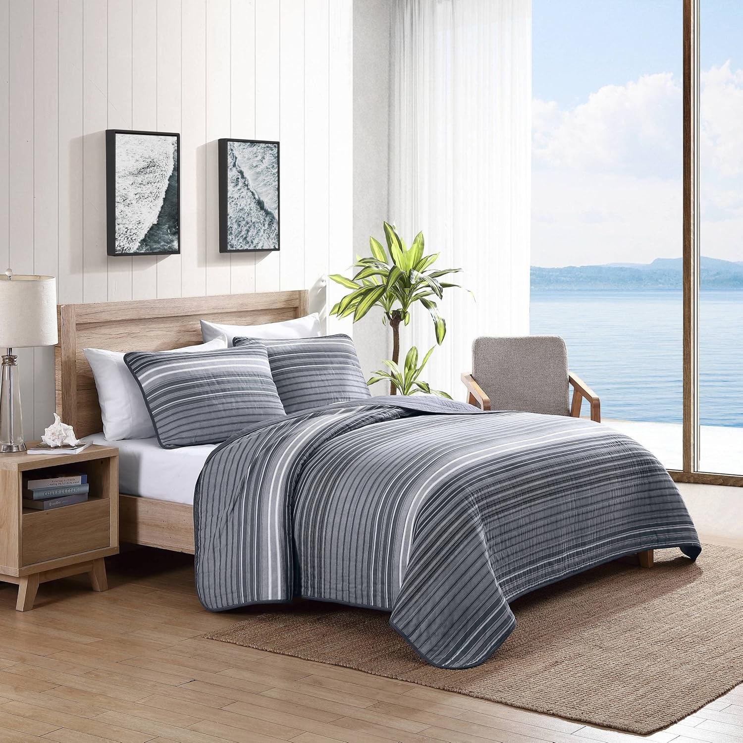 image:imageNautica Queen Quilt Set Reversible Bedding with Matching Shams Stripe Room Decor Lightweight Bed Set College Dorm Room Essentials Coveside BlueMedium GreyDark GreyWhite