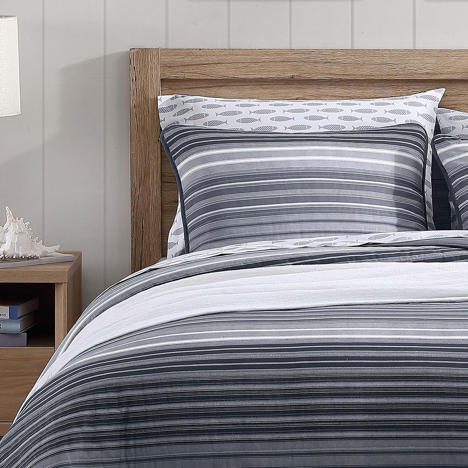 image:imageNautica Queen Quilt Set Reversible Bedding with Matching Shams Stripe Room Decor Lightweight Bed Set College Dorm Room Essentials Coveside BlueMedium GreyDark GreyWhite