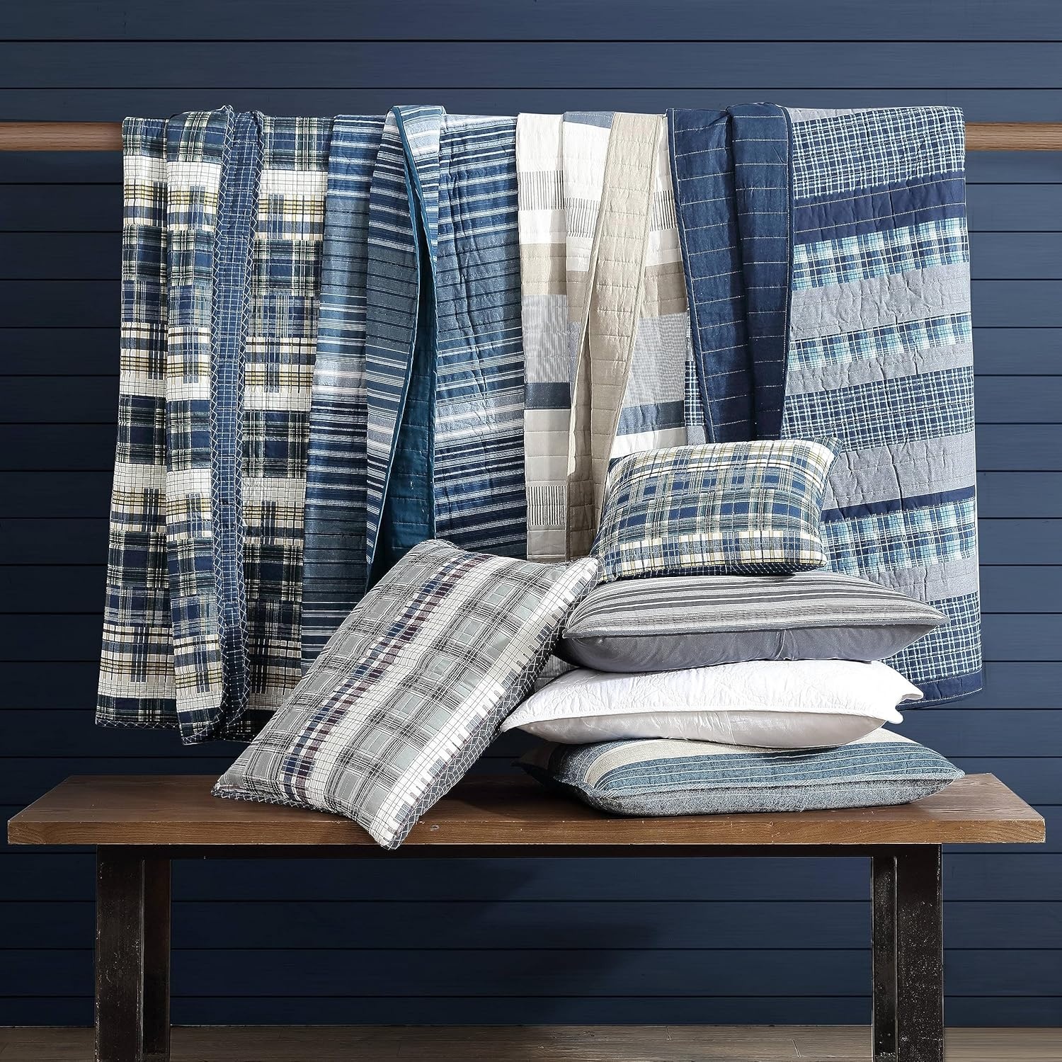 image:imageNautica Queen Quilt Set Reversible Bedding with Matching Shams Stripe Room Decor Lightweight Bed Set College Dorm Room Essentials Coveside BlueMedium GreyDark GreyWhite