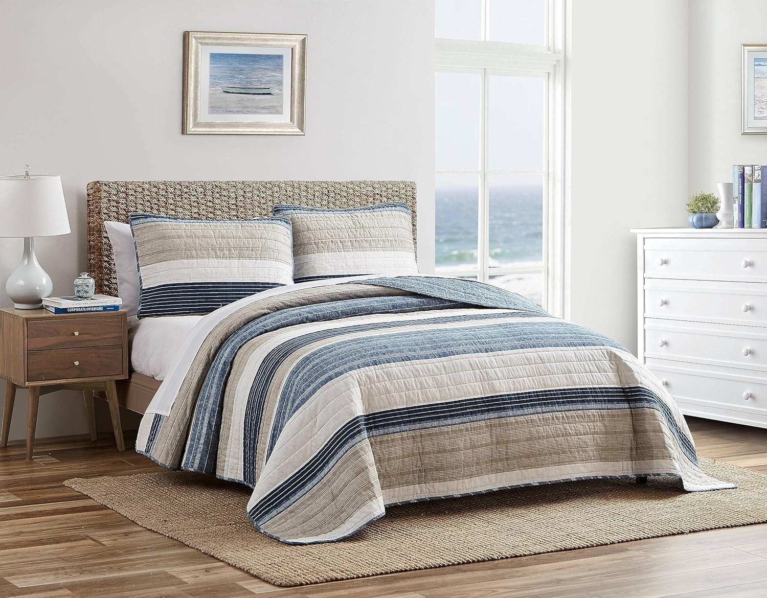 image:imageNautica Queen Quilt Set Reversible Bedding with Matching Shams Stripe Room Decor Lightweight Bed Set College Dorm Room Essentials Ridgeport BlueRidgeport Denim