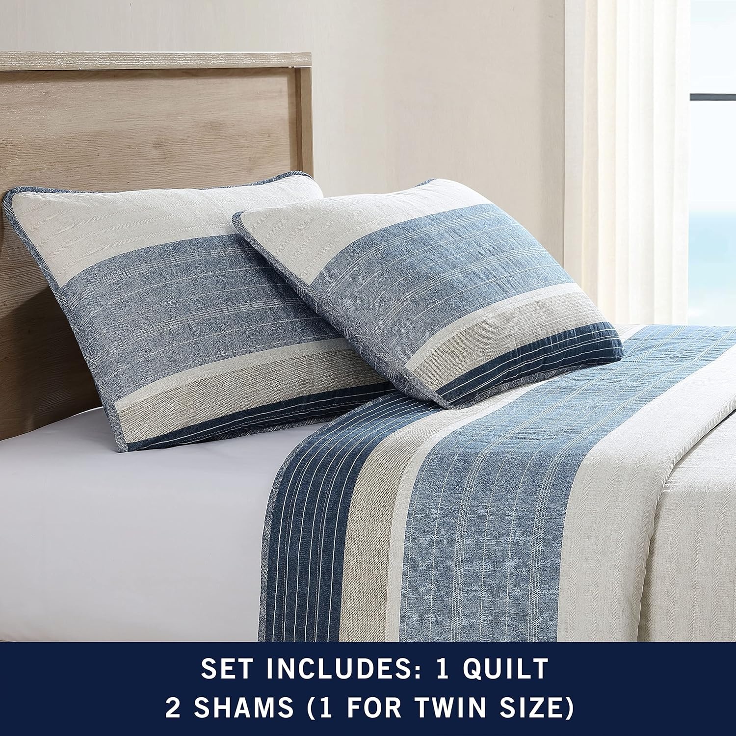 image:imageNautica Queen Quilt Set Reversible Bedding with Matching Shams Stripe Room Decor Lightweight Bed Set College Dorm Room Essentials Ridgeport BlueRidgeport Denim
