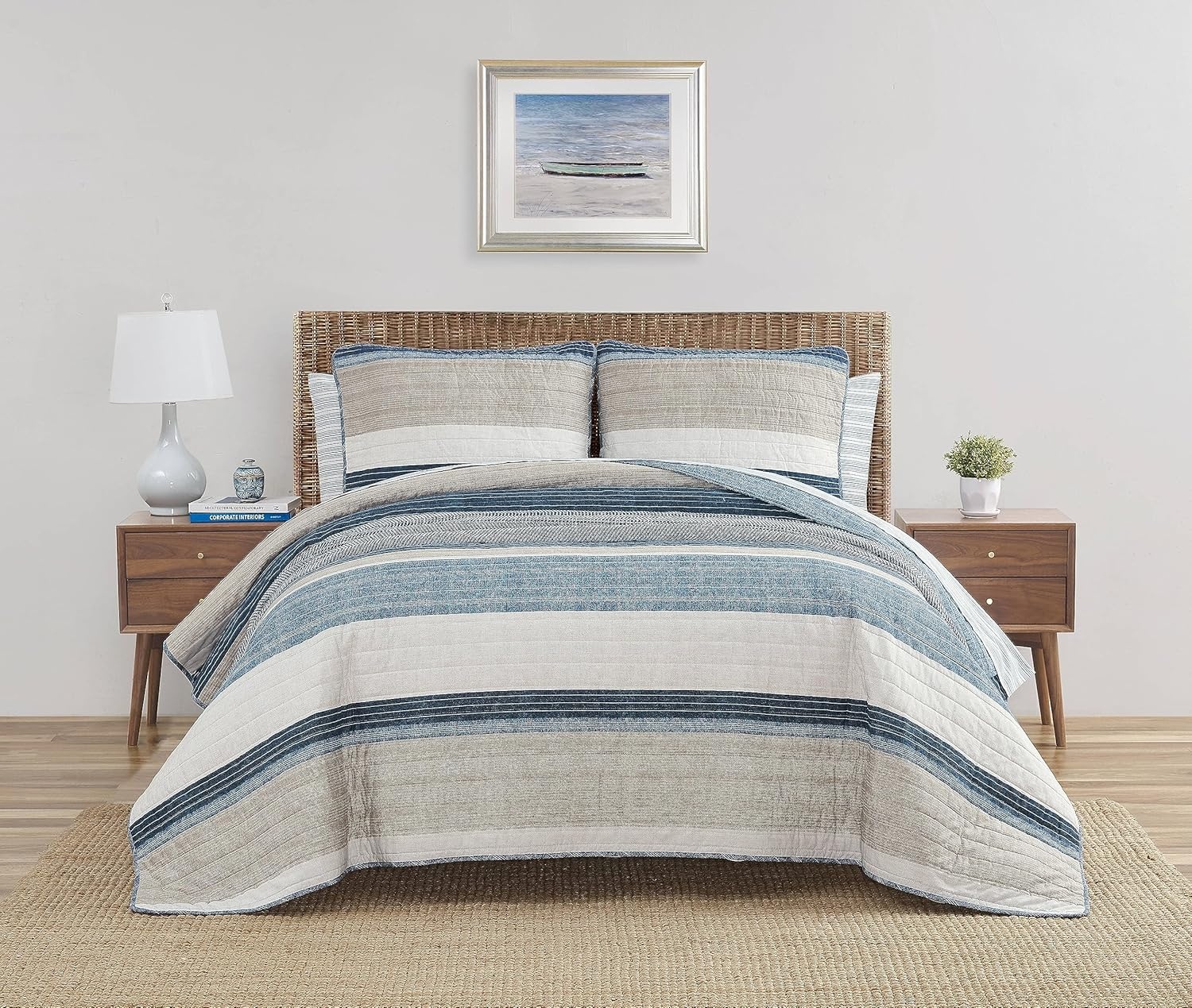 image:imageNautica Queen Quilt Set Reversible Bedding with Matching Shams Stripe Room Decor Lightweight Bed Set College Dorm Room Essentials Ridgeport BlueRidgeport Denim