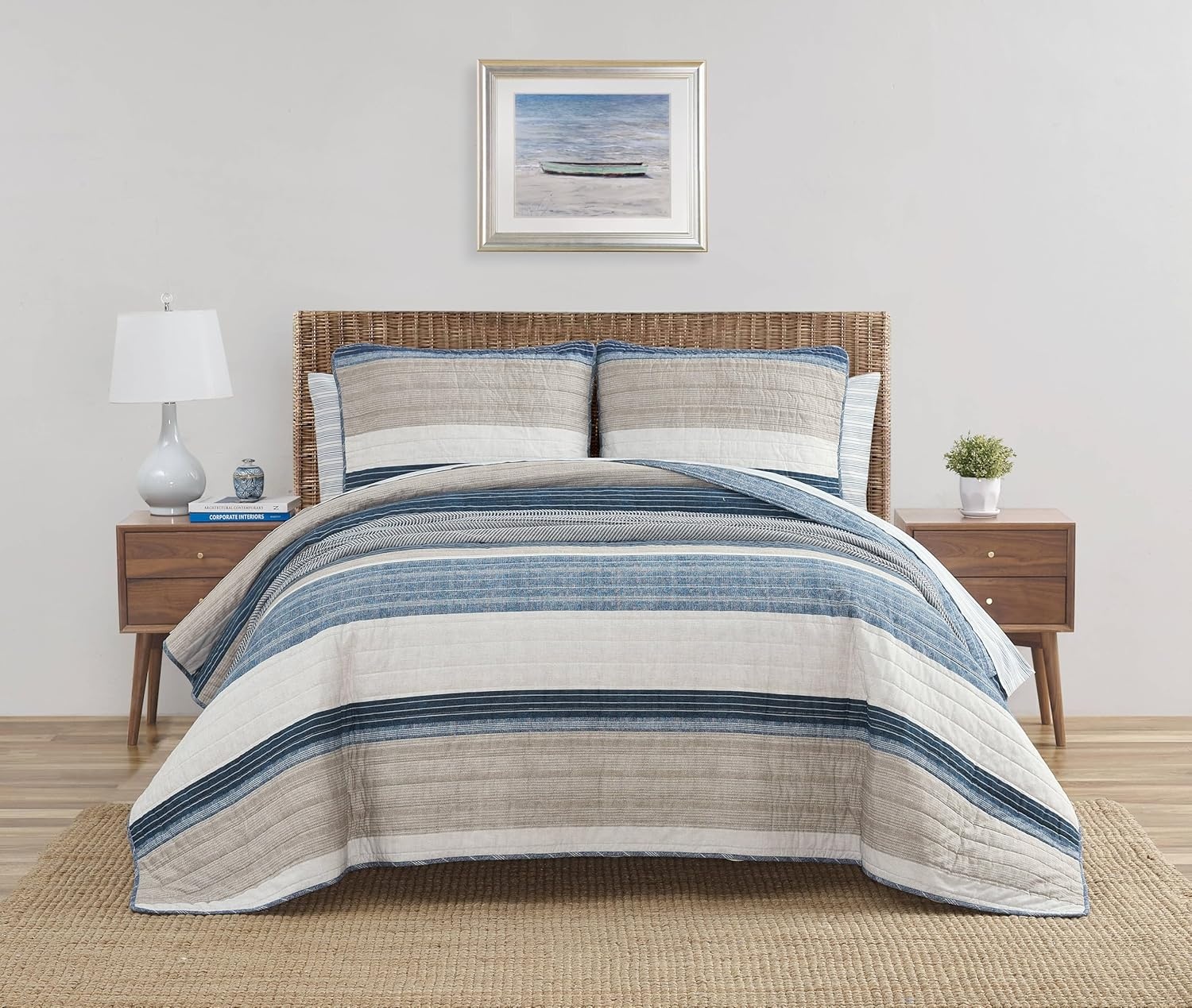 image:imageNautica Queen Quilt Set Reversible Bedding with Matching Shams Stripe Room Decor Lightweight Bed Set College Dorm Room Essentials Ridgeport BlueRidgeport Denim