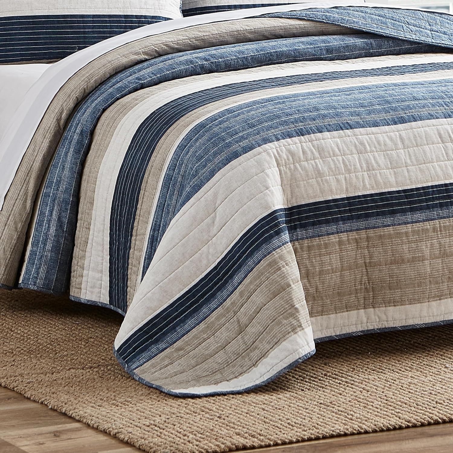 image:imageNautica Queen Quilt Set Reversible Bedding with Matching Shams Stripe Room Decor Lightweight Bed Set College Dorm Room Essentials Ridgeport BlueRidgeport Denim