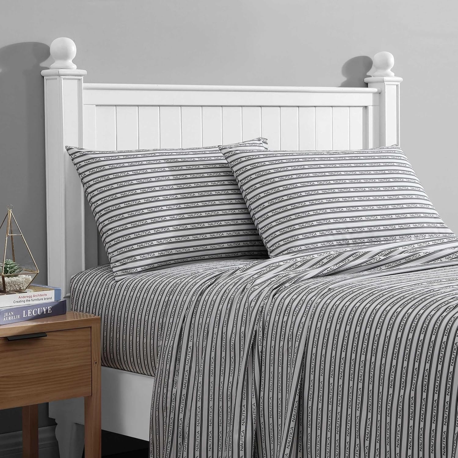 image:imageNautica Sheet Set Breathable amp Cooling Microfiber Bedding with Matching Pillowcase Deep Pocket Fully Elasticized Coastal Coral Ocean Breeze Blue TwinStriped Nautica Logo Grey