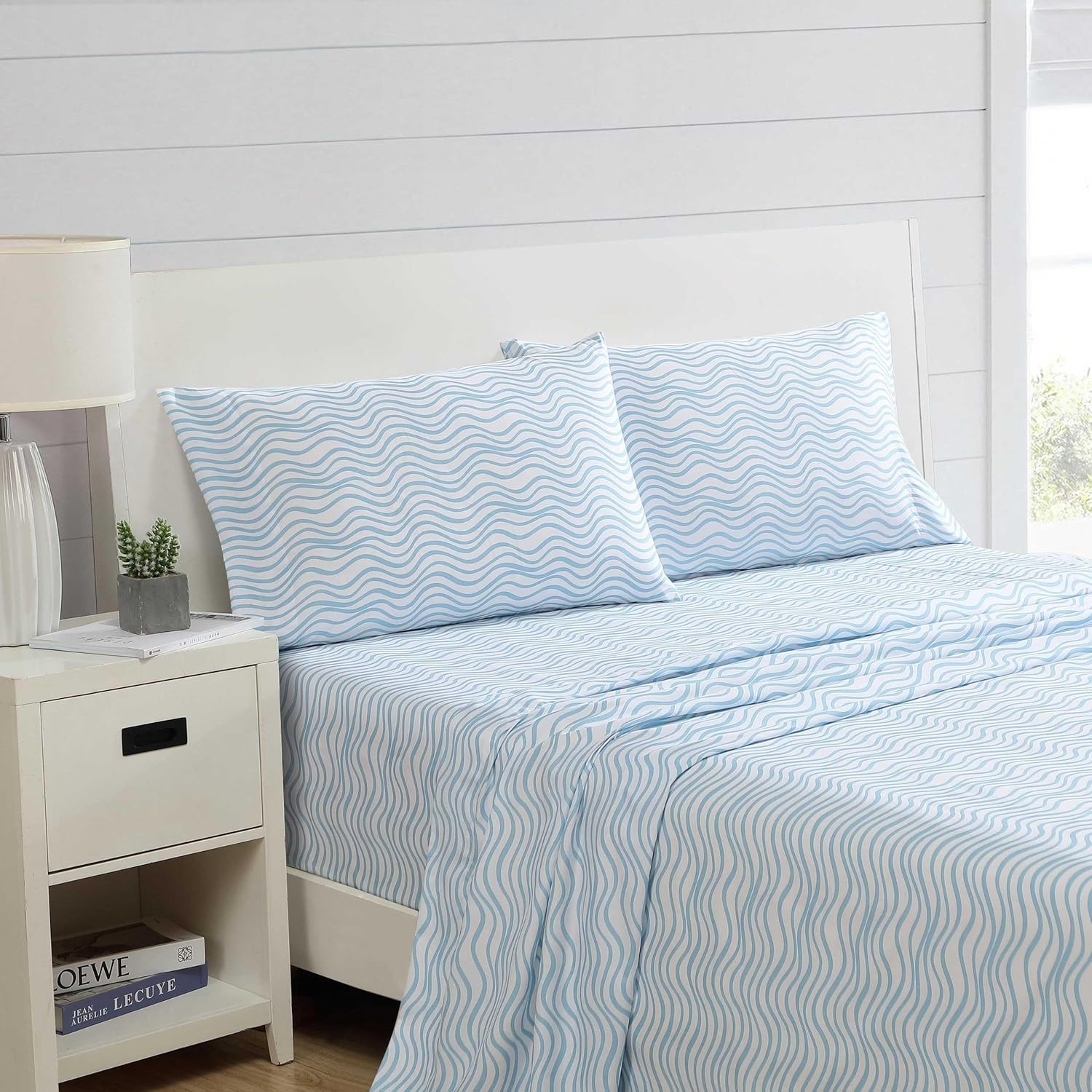 image:imageNautica Sheet Set Breathable amp Cooling Microfiber Bedding with Matching Pillowcase Deep Pocket Fully Elasticized Coastal Coral Ocean Breeze Blue TwinLinearly Waves Ocean Breeze Blue