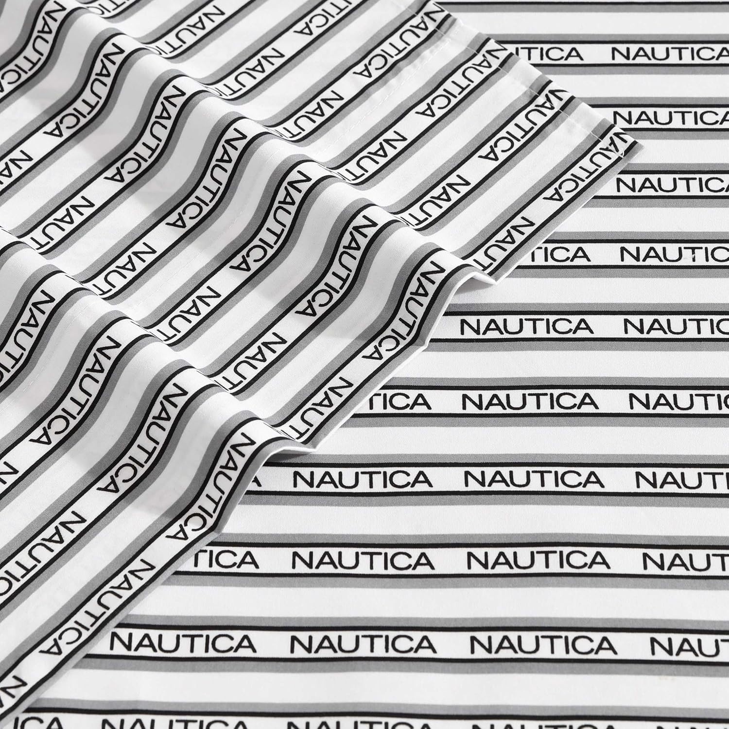 image:imageNautica Sheet Set Breathable amp Cooling Microfiber Bedding with Matching Pillowcase Deep Pocket Fully Elasticized Coastal Coral Ocean Breeze Blue TwinStriped Nautica Logo Grey