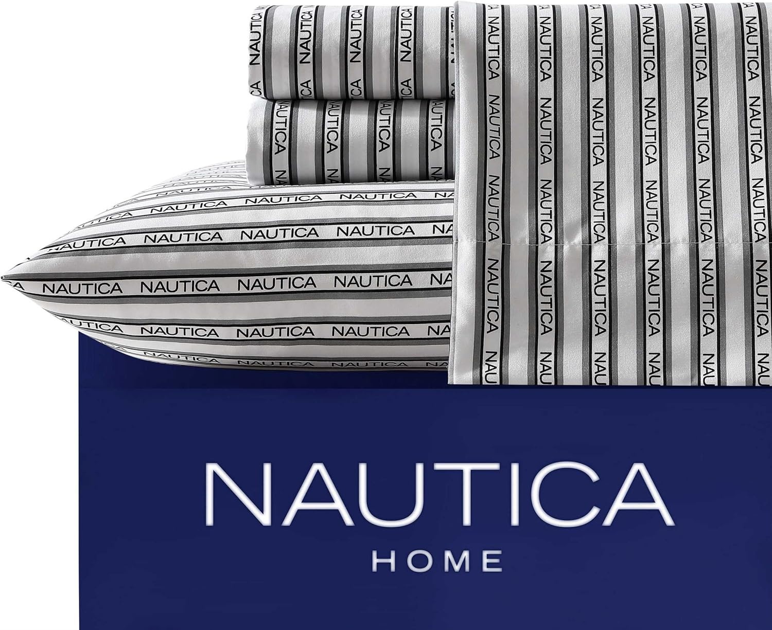 image:imageNautica Sheet Set Breathable amp Cooling Microfiber Bedding with Matching Pillowcase Deep Pocket Fully Elasticized Coastal Coral Ocean Breeze Blue TwinStriped Nautica Logo Grey