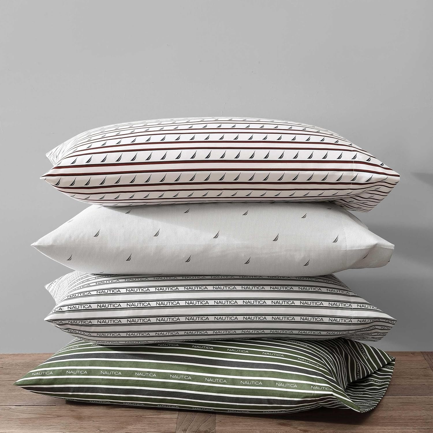 image:imageNautica Sheet Set Breathable amp Cooling Microfiber Bedding with Matching Pillowcase Deep Pocket Fully Elasticized Coastal Coral Ocean Breeze Blue TwinStriped Nautica Logo Grey