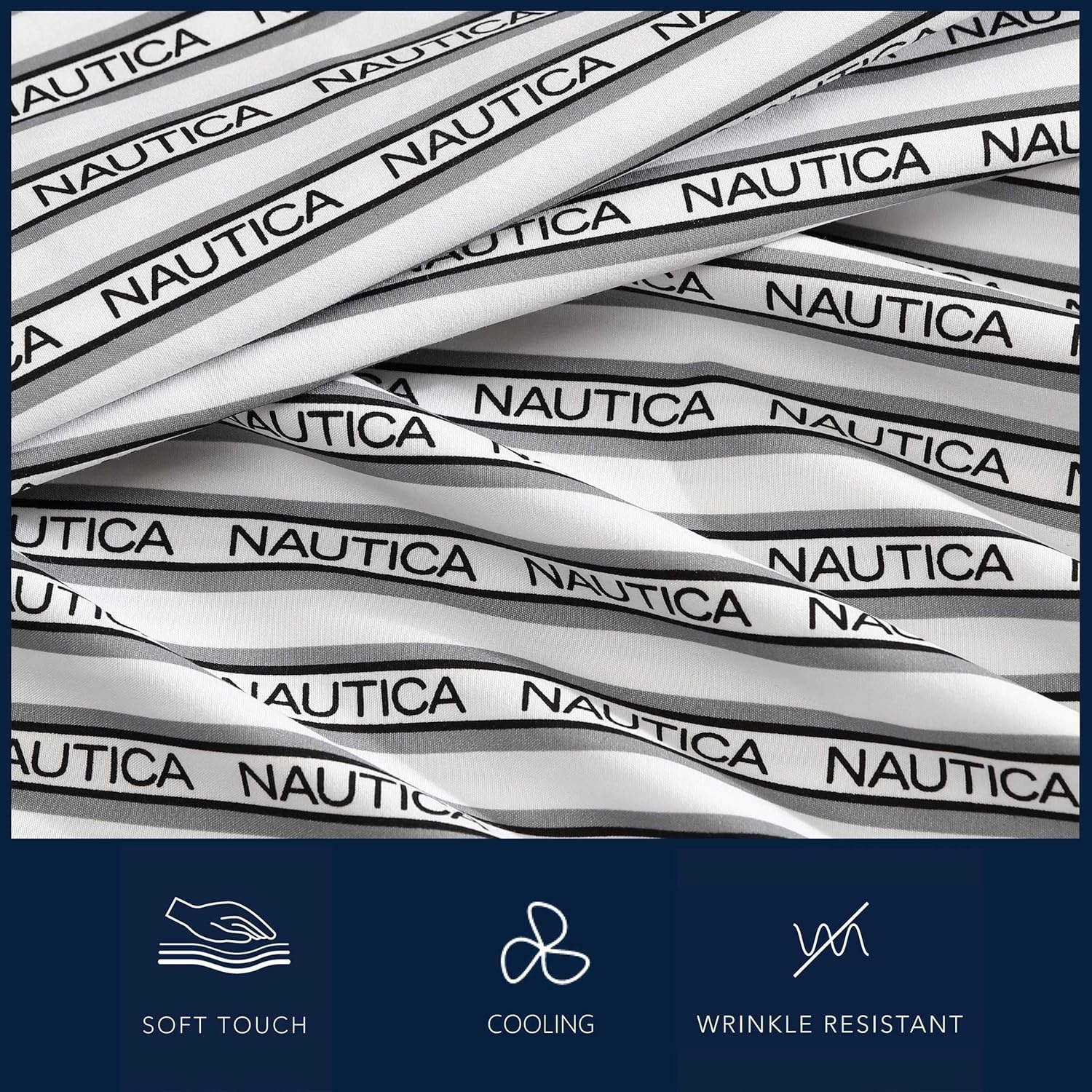 image:imageNautica Sheet Set Breathable amp Cooling Microfiber Bedding with Matching Pillowcase Deep Pocket Fully Elasticized Coastal Coral Ocean Breeze Blue TwinStriped Nautica Logo Grey