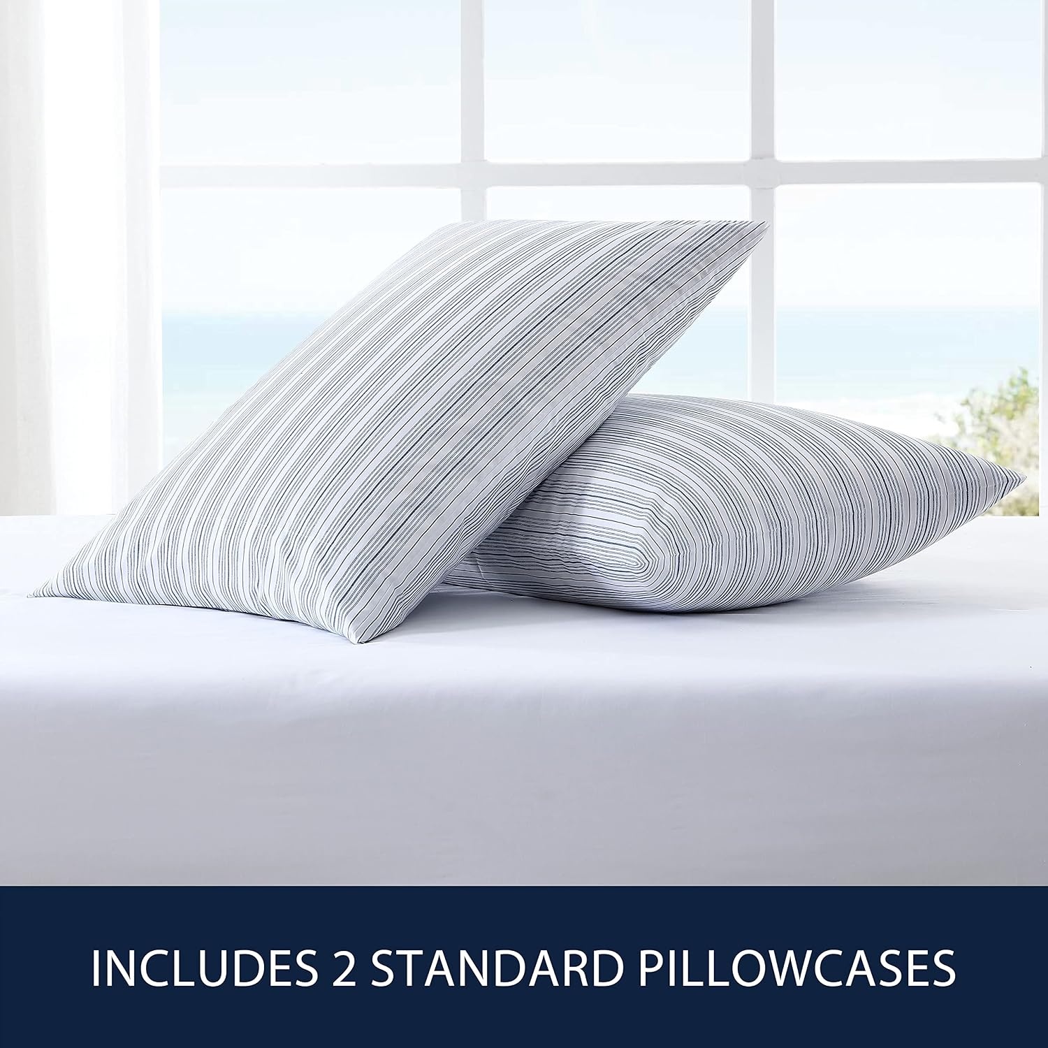 image:imageNautica Standard Pillowcase Set Cotton Percale Bedding Casual Home Decor Coleridge Stripe Charcoal 2 PieceBeaux Stripe Blue
