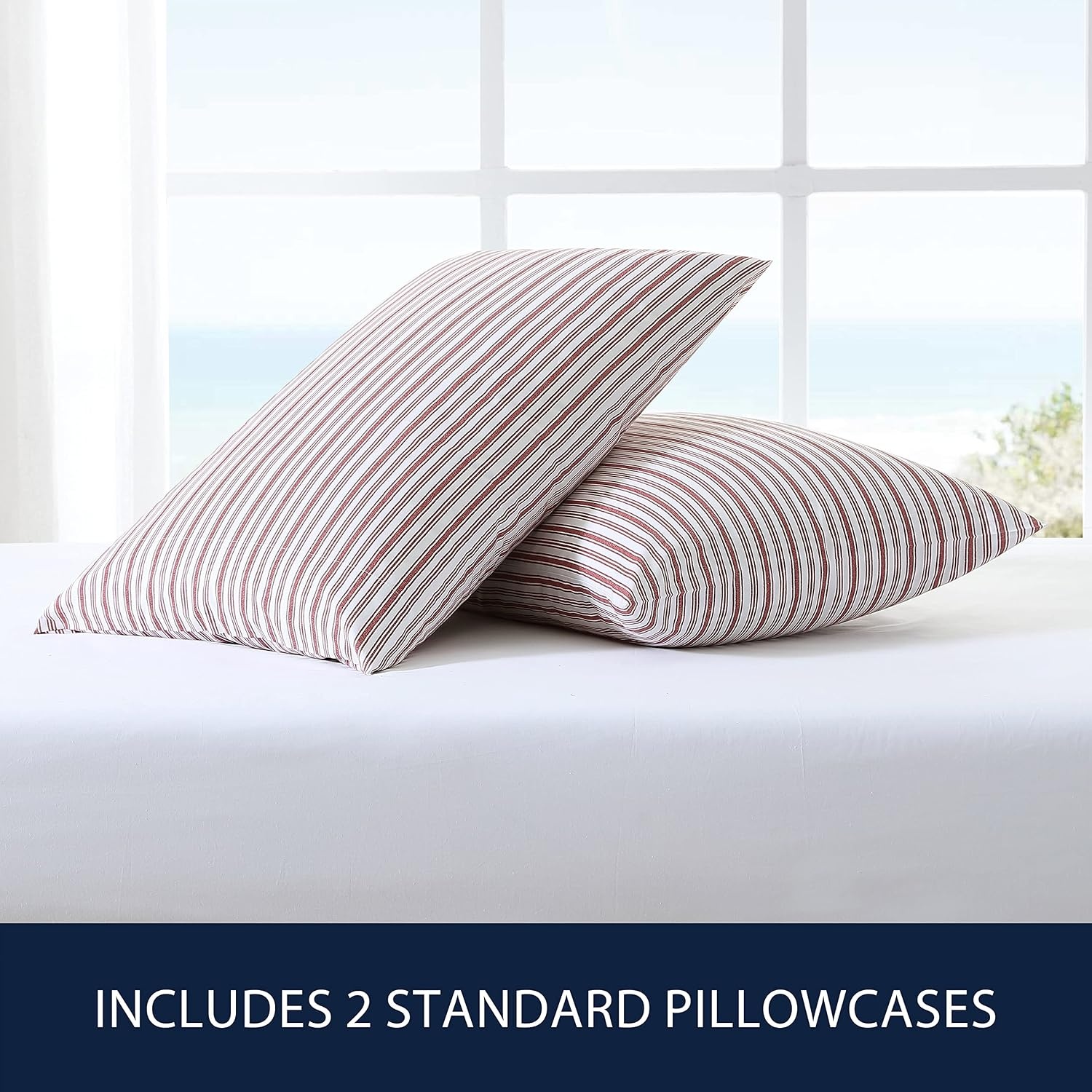 image:imageNautica Standard Pillowcase Set Cotton Percale Bedding Casual Home Decor Coleridge Stripe Charcoal 2 PieceColeridge Stripe Red