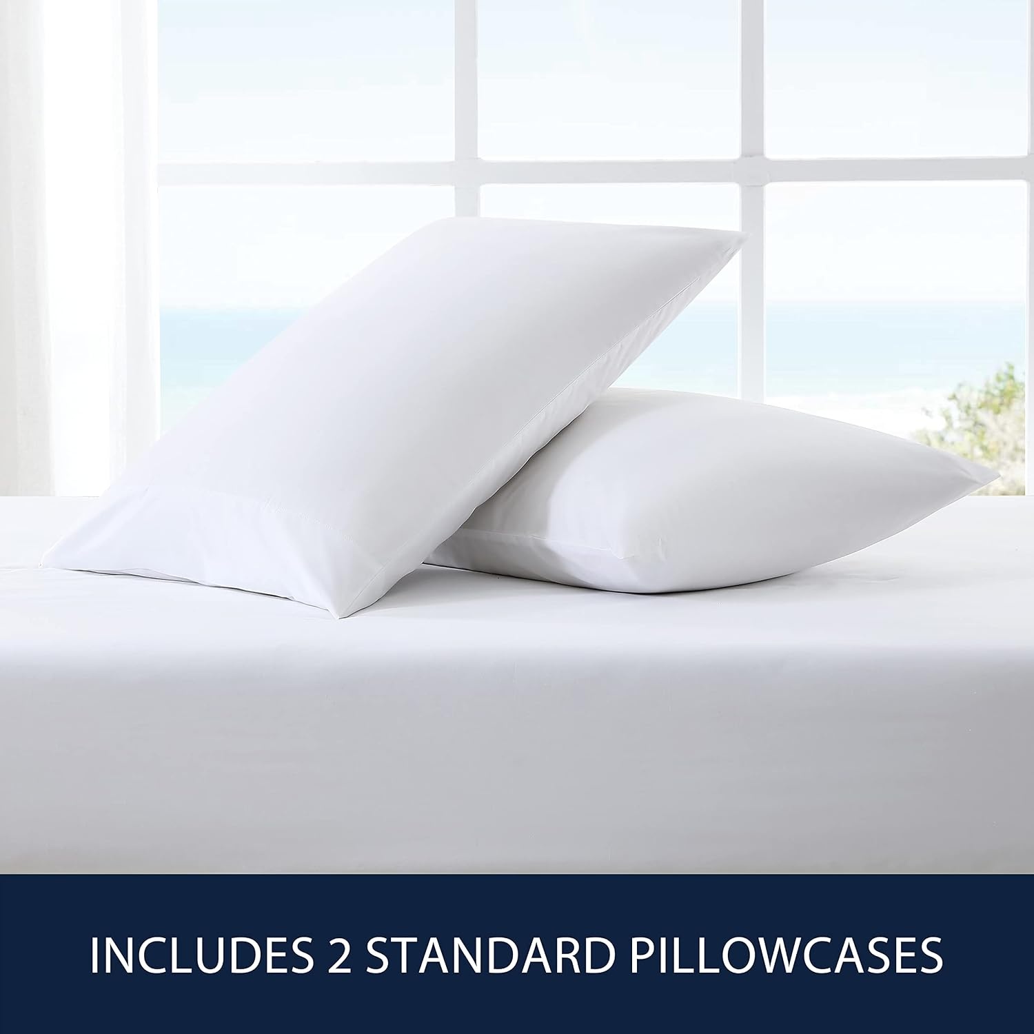image:imageNautica Standard Pillowcase Set Cotton Percale Bedding Casual Home Decor Coleridge Stripe Charcoal 2 PieceSolid White