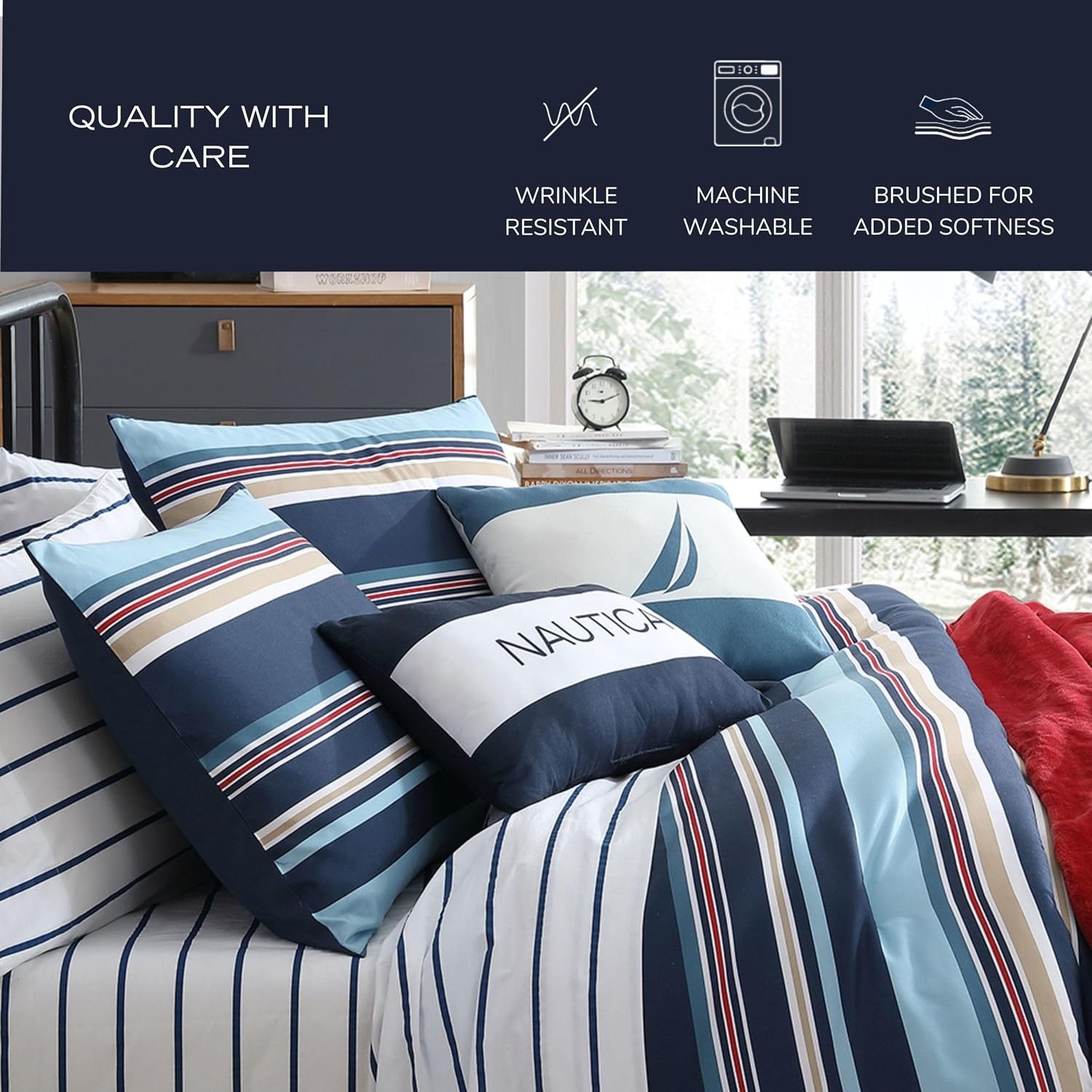 image:imageNautica Standard Quilted Sham Yarn Dyed Cotton Bedding with Reversible Plaid Design Lightweight Pillowcase College Dorm Room Essentials Adelson BlueColton Blue