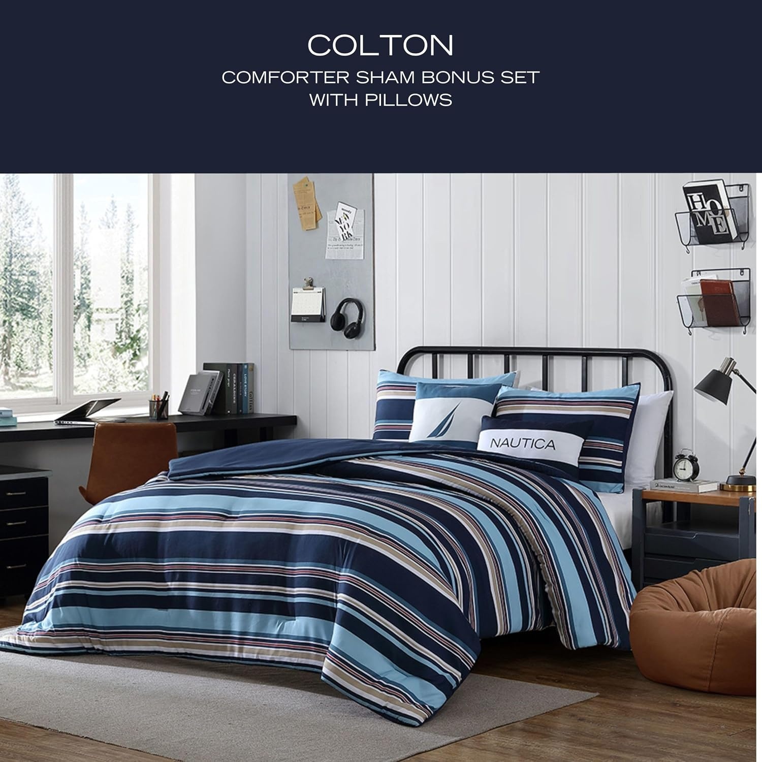image:imageNautica Standard Quilted Sham Yarn Dyed Cotton Bedding with Reversible Plaid Design Lightweight Pillowcase College Dorm Room Essentials Adelson BlueColton Blue
