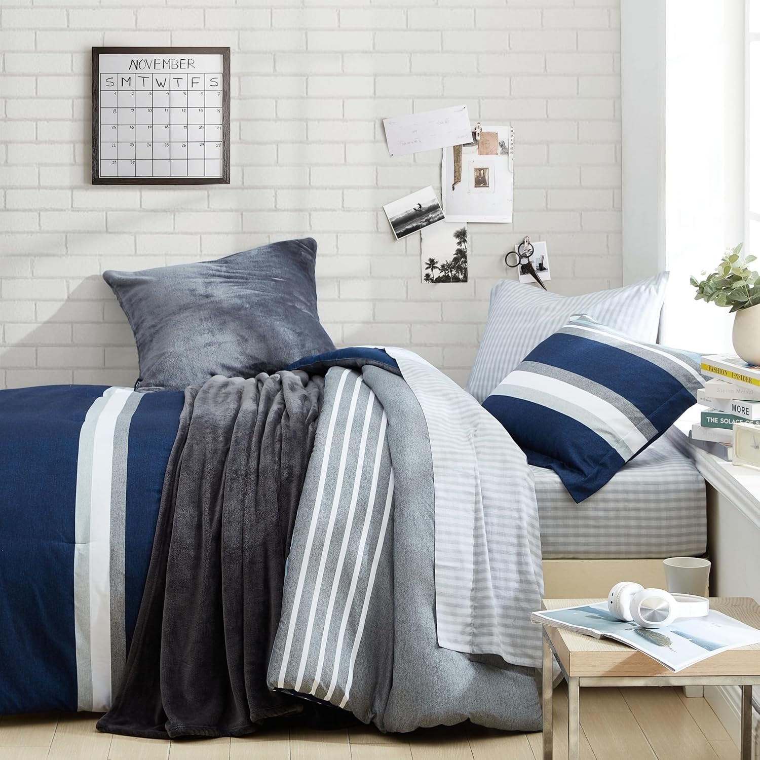 image:imageNautica Standard Quilted Sham Yarn Dyed Cotton Bedding with Reversible Plaid Design Lightweight Pillowcase College Dorm Room Essentials Adelson BlueHeathered Block Flagstone