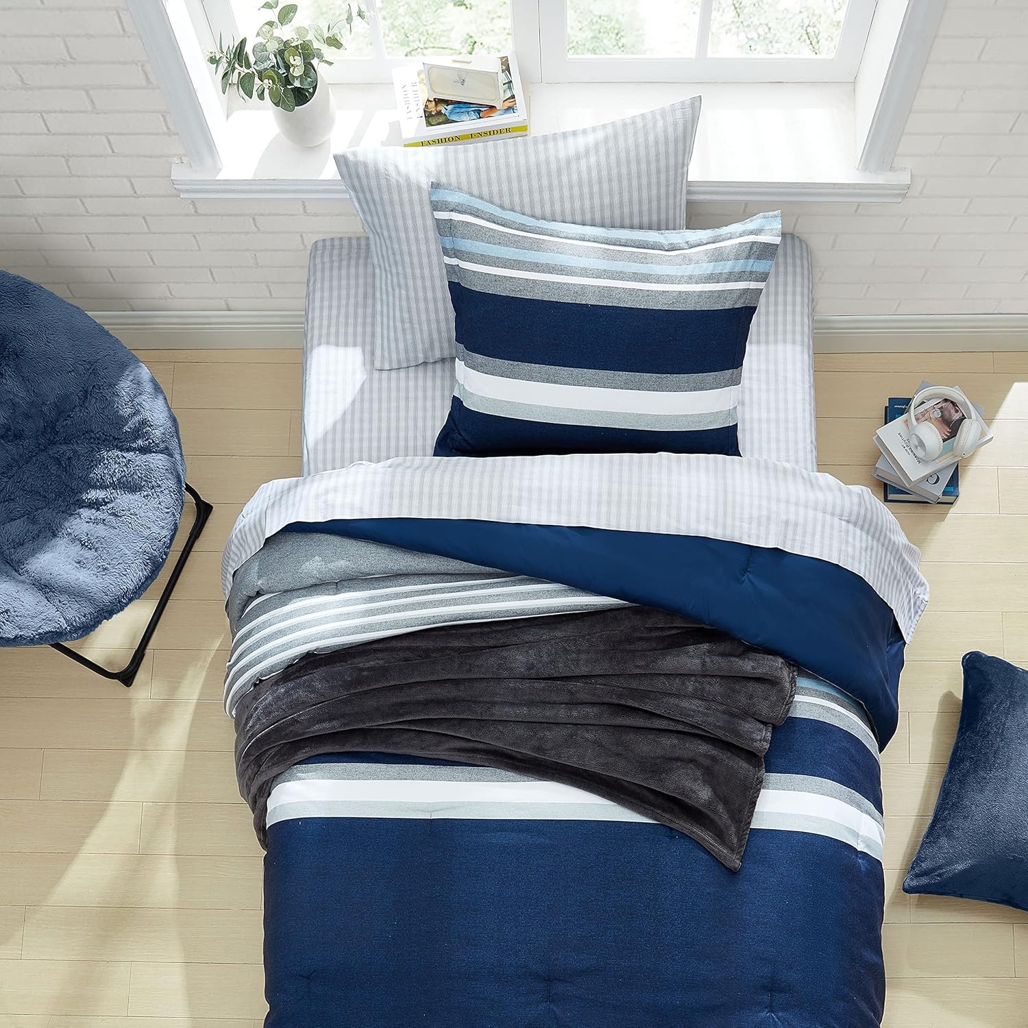image:imageNautica Standard Quilted Sham Yarn Dyed Cotton Bedding with Reversible Plaid Design Lightweight Pillowcase College Dorm Room Essentials Adelson BlueHeathered Block Flagstone