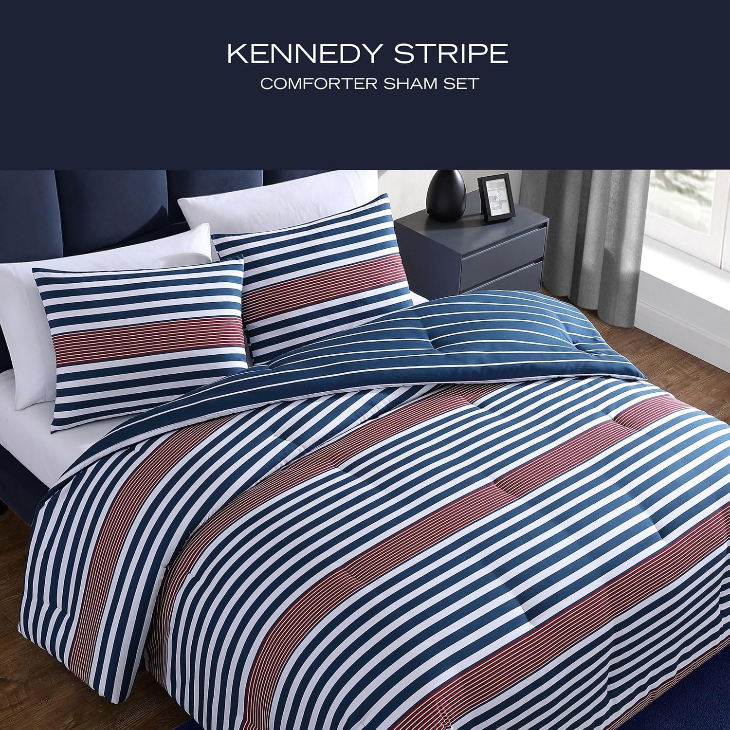 image:imageNautica Standard Quilted Sham Yarn Dyed Cotton Bedding with Reversible Plaid Design Lightweight Pillowcase College Dorm Room Essentials Adelson BlueKennedy Stripe Navy