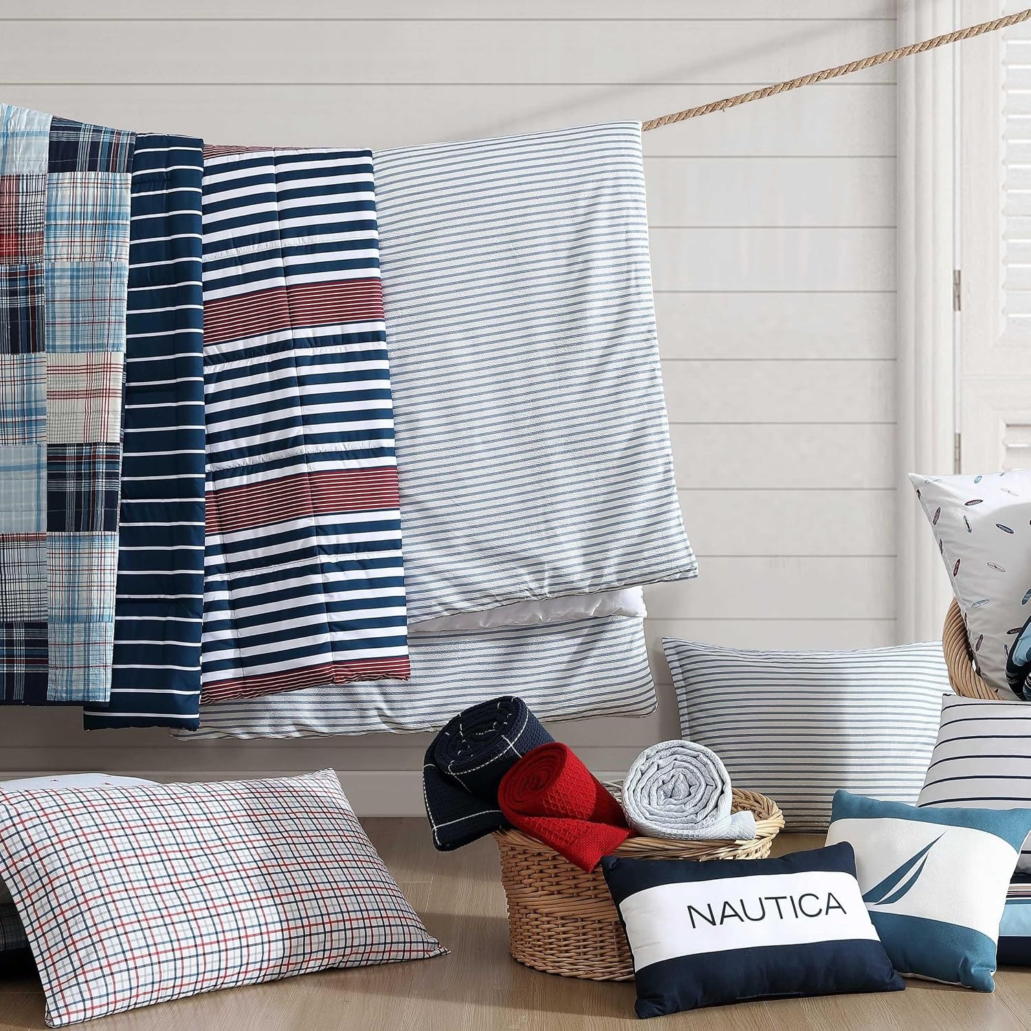 image:imageNautica Standard Quilted Sham Yarn Dyed Cotton Bedding with Reversible Plaid Design Lightweight Pillowcase College Dorm Room Essentials Adelson BlueKennedy Stripe Navy