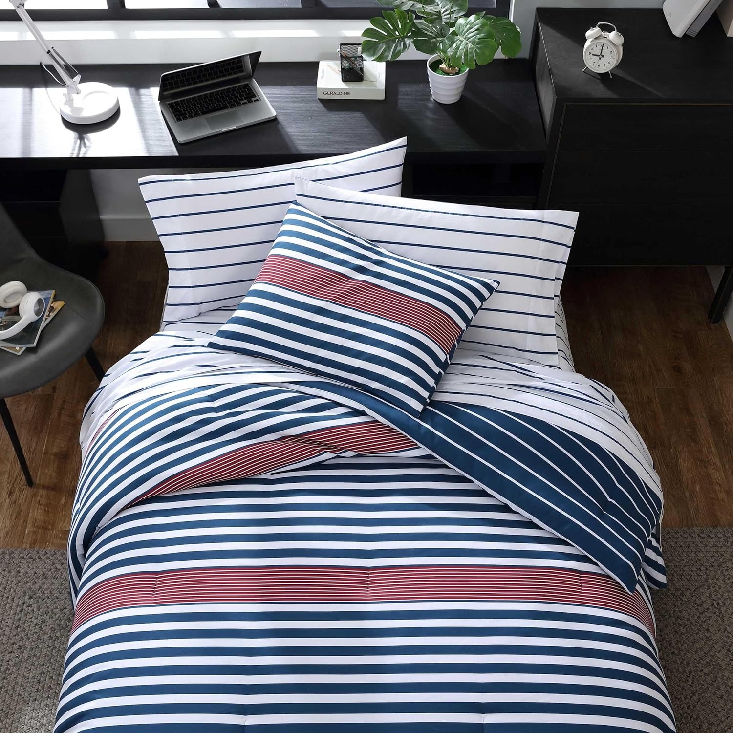 image:imageNautica Standard Quilted Sham Yarn Dyed Cotton Bedding with Reversible Plaid Design Lightweight Pillowcase College Dorm Room Essentials Adelson BlueKennedy Stripe Navy