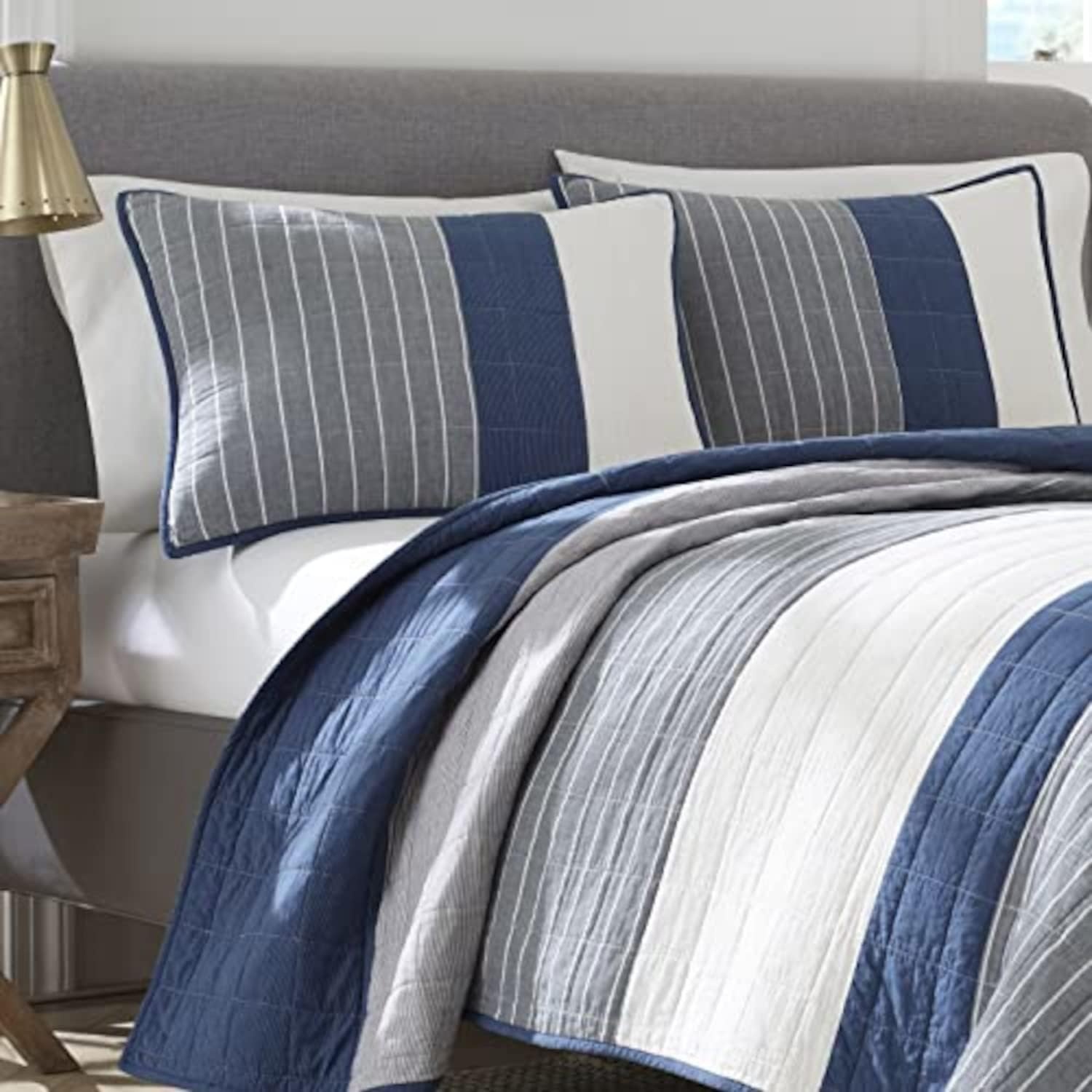 image:imageNautica Standard Quilted Sham Yarn Dyed Cotton Bedding with Reversible Plaid Design Lightweight Pillowcase College Dorm Room Essentials Adelson BlueSwale Navy