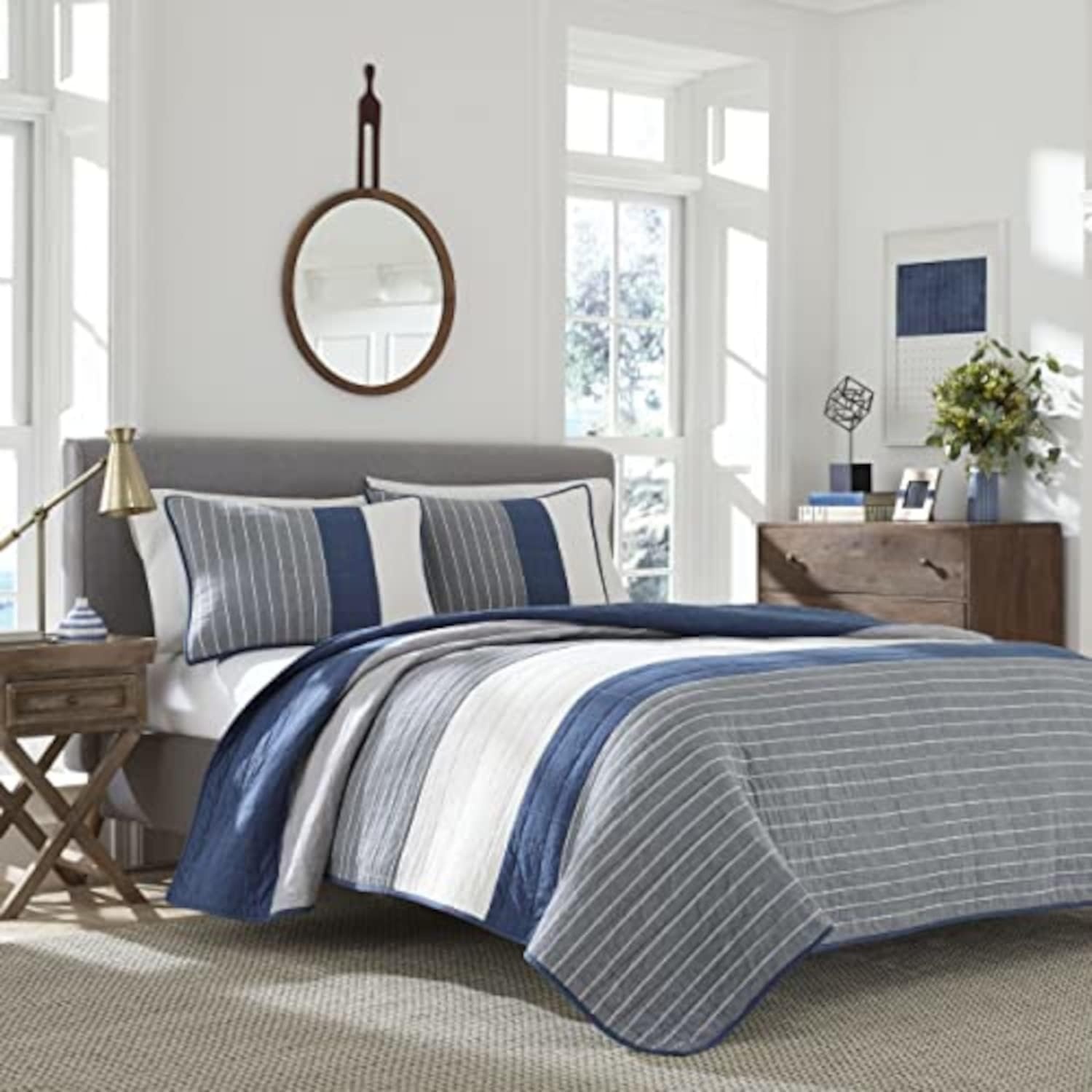 image:imageNautica Standard Quilted Sham Yarn Dyed Cotton Bedding with Reversible Plaid Design Lightweight Pillowcase College Dorm Room Essentials Adelson BlueSwale Navy