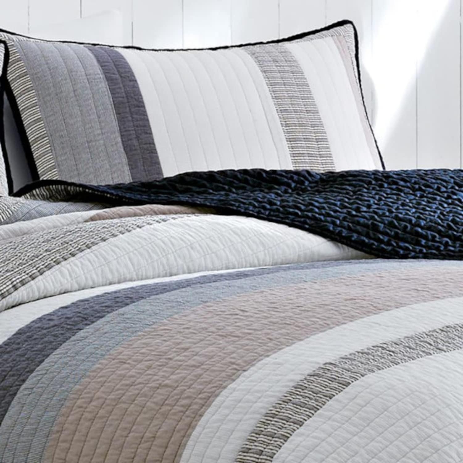 image:imageNautica Standard Quilted Sham Yarn Dyed Cotton Bedding with Reversible Plaid Design Lightweight Pillowcase College Dorm Room Essentials Adelson BlueTideway Tan