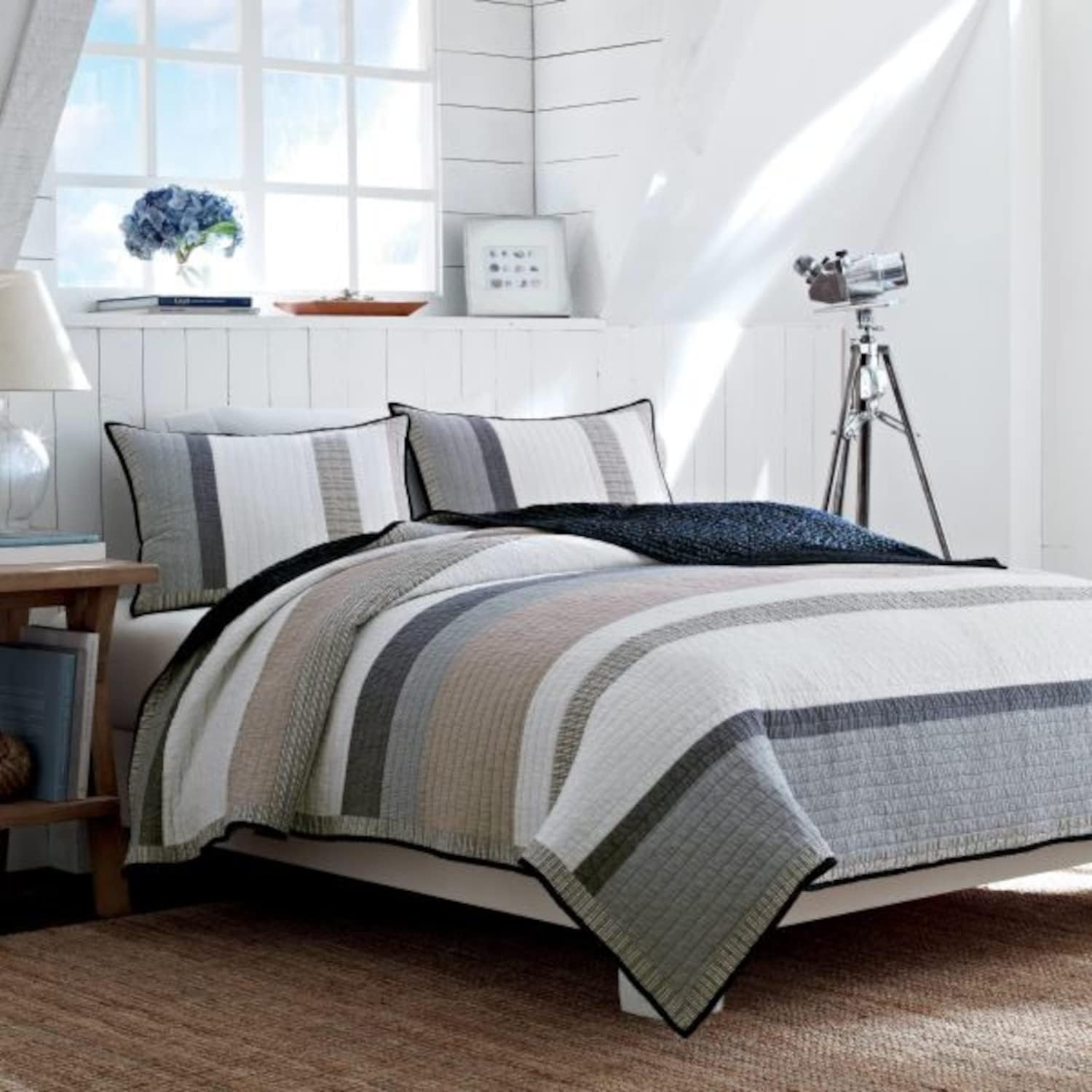 image:imageNautica Standard Quilted Sham Yarn Dyed Cotton Bedding with Reversible Plaid Design Lightweight Pillowcase College Dorm Room Essentials Adelson BlueTideway Tan