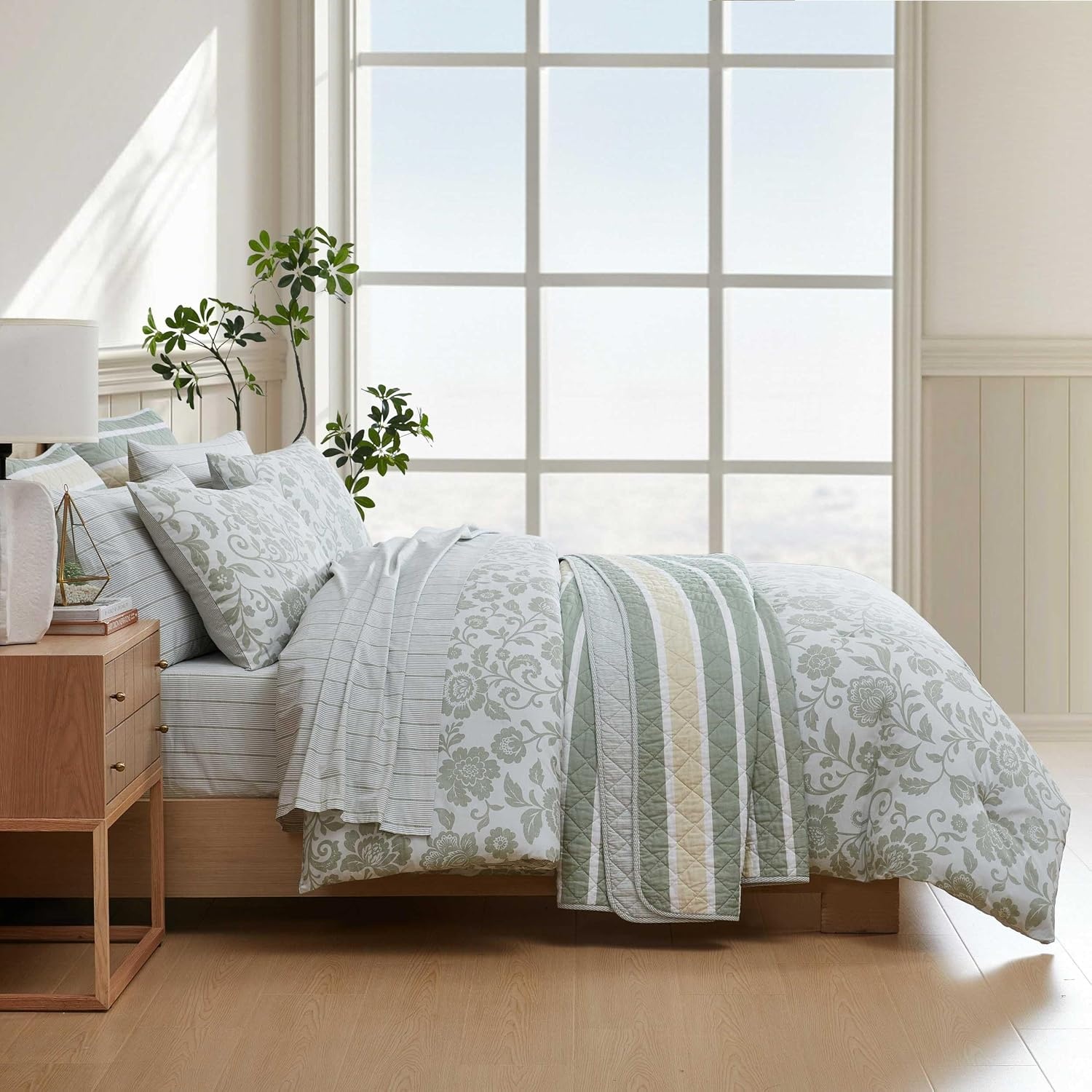 image:imageNautica Twin Comforter Set Reversible Striped amp Floral Bedding with a Naturally Soft Feel 2 Piece Bed Set with Matching Pillowcase Jacob Bay FloralPenny Pinstripe GreenJacob Bay FloralPenny Pinstripe Green