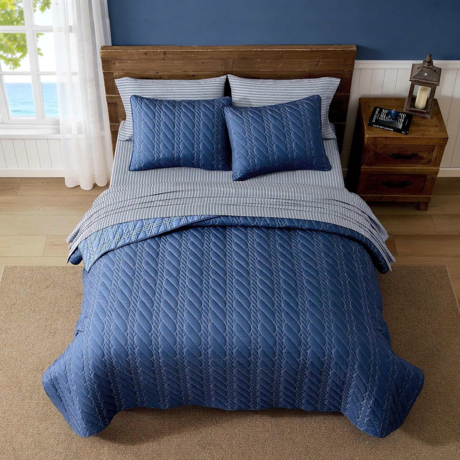 image:imageNautica Twin Quilt Set Reversible Plaid Bedding with Matching Sham Lightweight for All Seasons Coastal Room Decor Rope Stitch BlueRope Stitch Blue