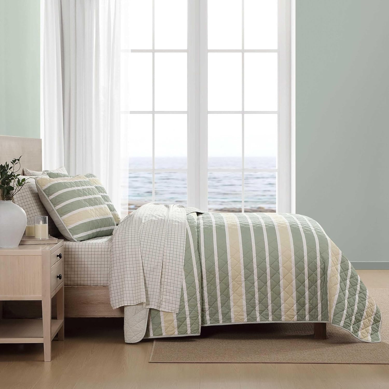 image:imageNautica Twin Quilt Set Soft amp Reversible Cotton Bedding with a Smooth Finish 2 Piece Coastal Bed Set with Matching Pillowcase Seashore Stitch PinkVaradero StripePenny Pinstripe Beige