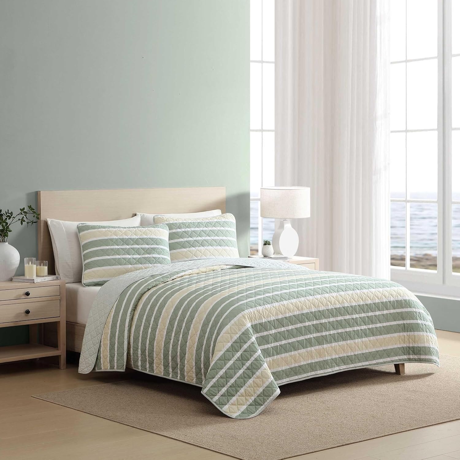 image:imageNautica Twin Quilt Set Soft amp Reversible Cotton Bedding with a Smooth Finish 2 Piece Coastal Bed Set with Matching Pillowcase Seashore Stitch PinkVaradero StripePenny Pinstripe Beige