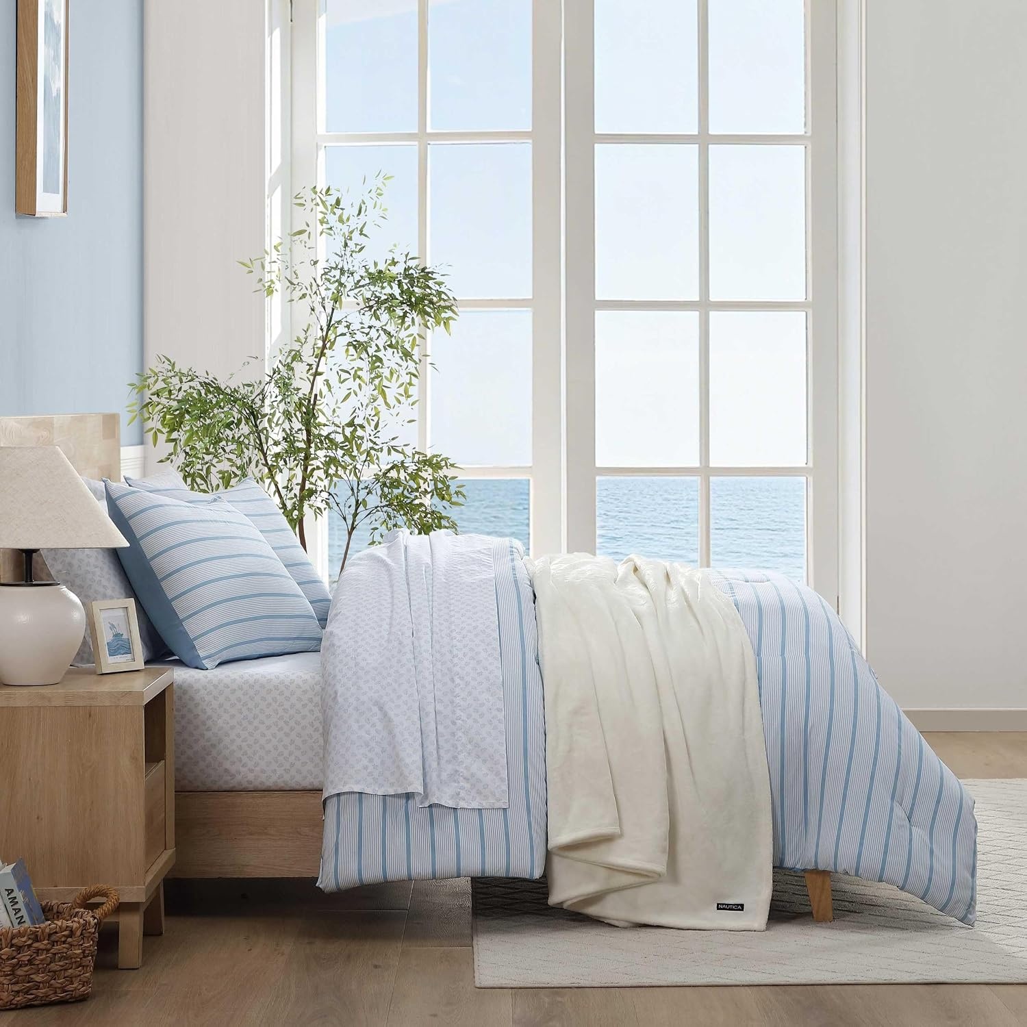 image:imageNautica Twin XL Size Comforter Set Reversible amp Soft Bedding Set with Matching Pillowcase Nautical Stripe Bedroom Bedding Park Stripe Sage GreenChambray Waves Solid Blue