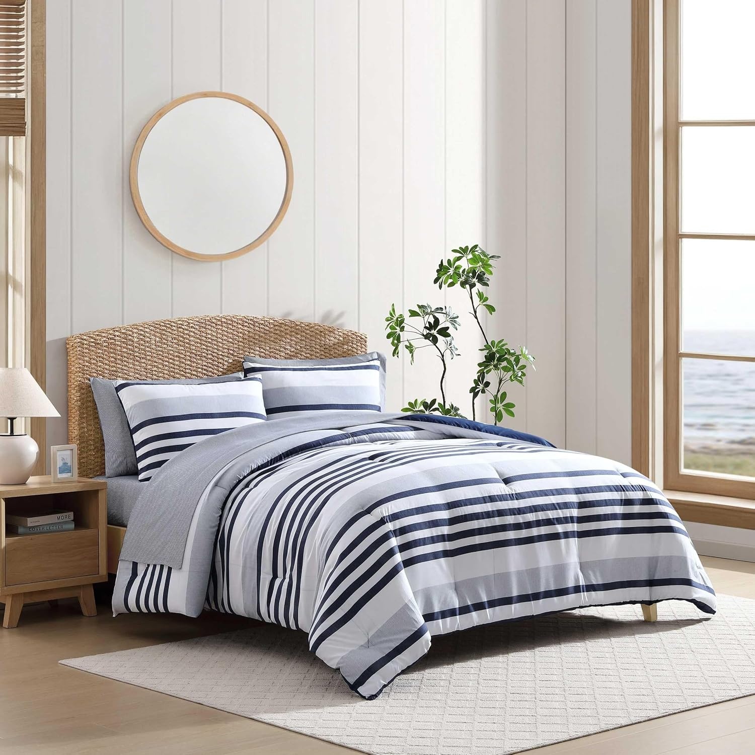 image:imageNautica TwinTwin XL Comforter Set 5 Piece Soft Microfiber Bed in a Bag with Bed Sheets and Pillowcases Lightweight AllSeason Comforter Reversible Stripe Design Palm Coast Stripe BluePalm CoastStripe Blue