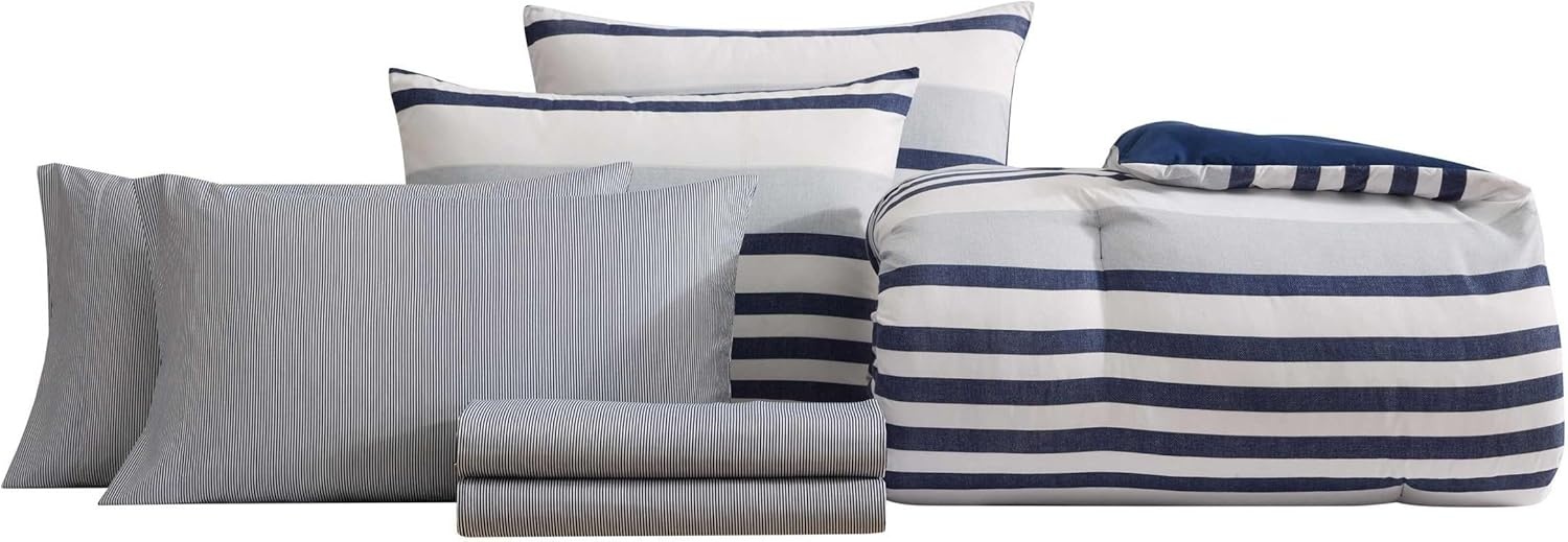 image:imageNautica TwinTwin XL Comforter Set 5 Piece Soft Microfiber Bed in a Bag with Bed Sheets and Pillowcases Lightweight AllSeason Comforter Reversible Stripe Design Palm Coast Stripe BluePalm CoastStripe Blue