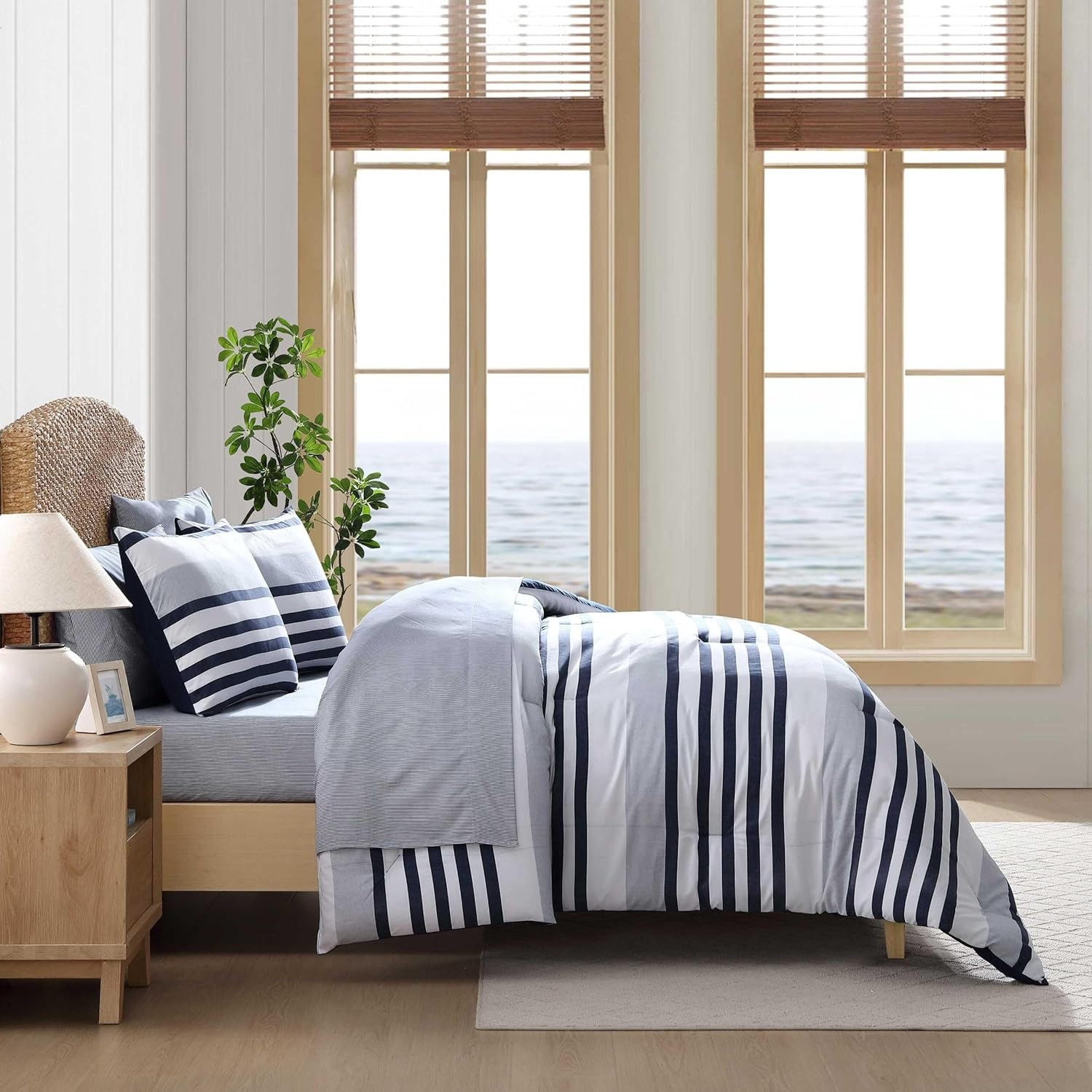 image:imageNautica TwinTwin XL Comforter Set 5 Piece Soft Microfiber Bed in a Bag with Bed Sheets and Pillowcases Lightweight AllSeason Comforter Reversible Stripe Design Palm Coast Stripe BluePalm CoastStripe Blue