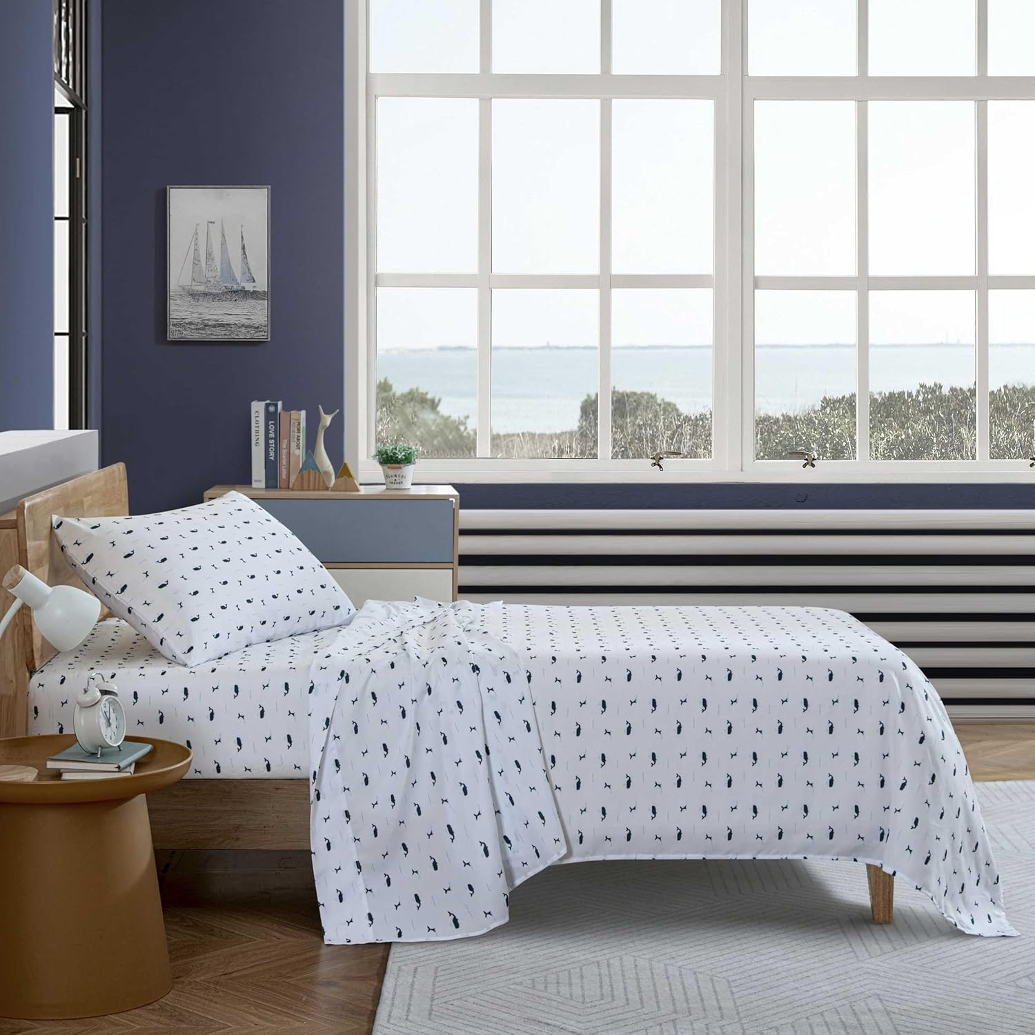 image:imageNautica Kids Twin XL Sheet Set UltraSoft Microfiber Bedding with Fully Elastic Fitted Sheet Coastal Kids Bed Set with Pillowcase Easy Care Bedding Branson SharksCaspian Whales Navy