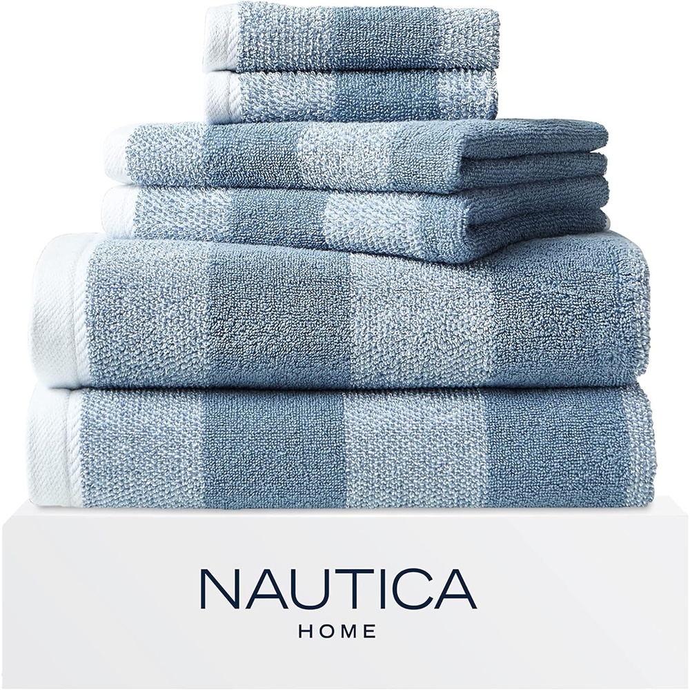 image:imageNautica Bath Towels 100 Soft amp Absorbent Plush Cotton Towels with Yarn Dye Loops Medium Weight Bathroom Towels Cruise Along Blue 6 PieceOak Lake Blue