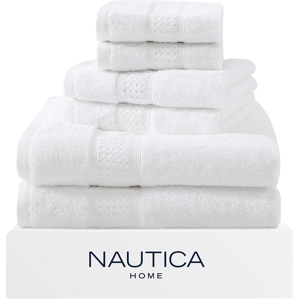 image:imageNautica Bathroom Towels Soft Cotton Washcloth Bath amp Hand Towel Set Highly Absorbent amp Quick Dry Zero Twist Set of 6 College Dorm Room Essentials Oceane WhiteOceane White